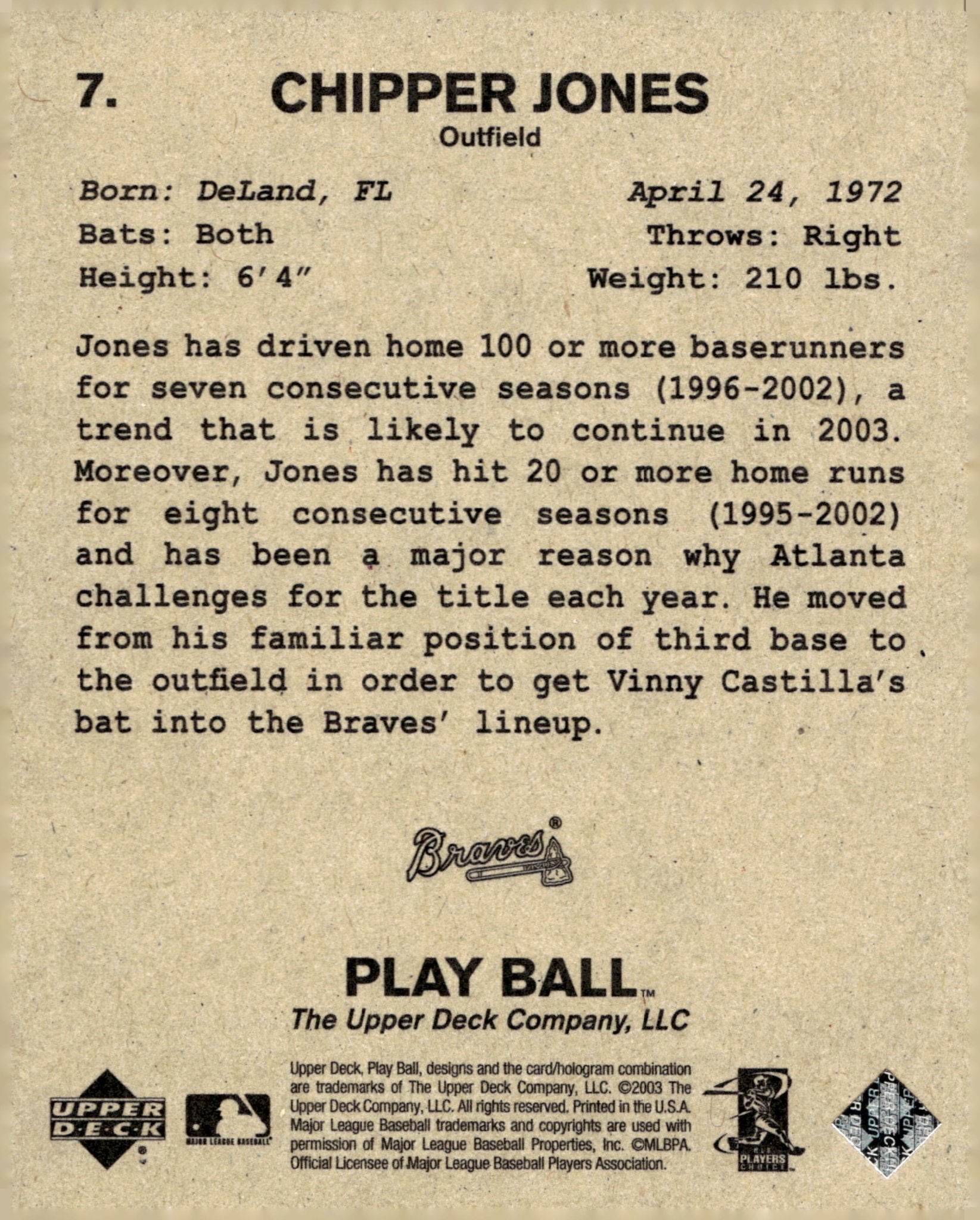 Chipper Jones 2003 Upper Deck Play Ball 7 - Collector Store LLC