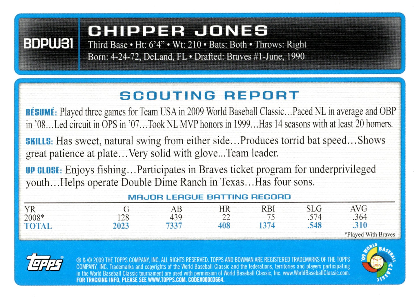 Chipper Jones 2009 Bowman World Classic Gold Border BDPW31 - Collector Store LLC