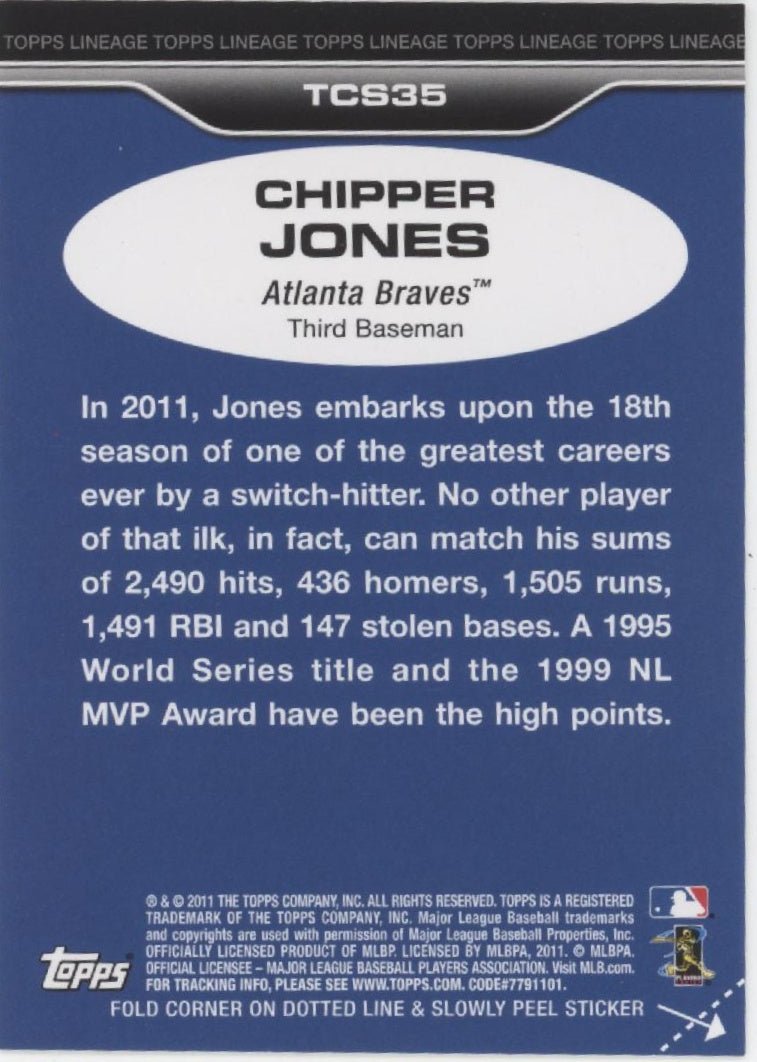 Chipper Jones 2011 Topps Lineage Cloth Sticker #TCS35 - Collector Store LLC