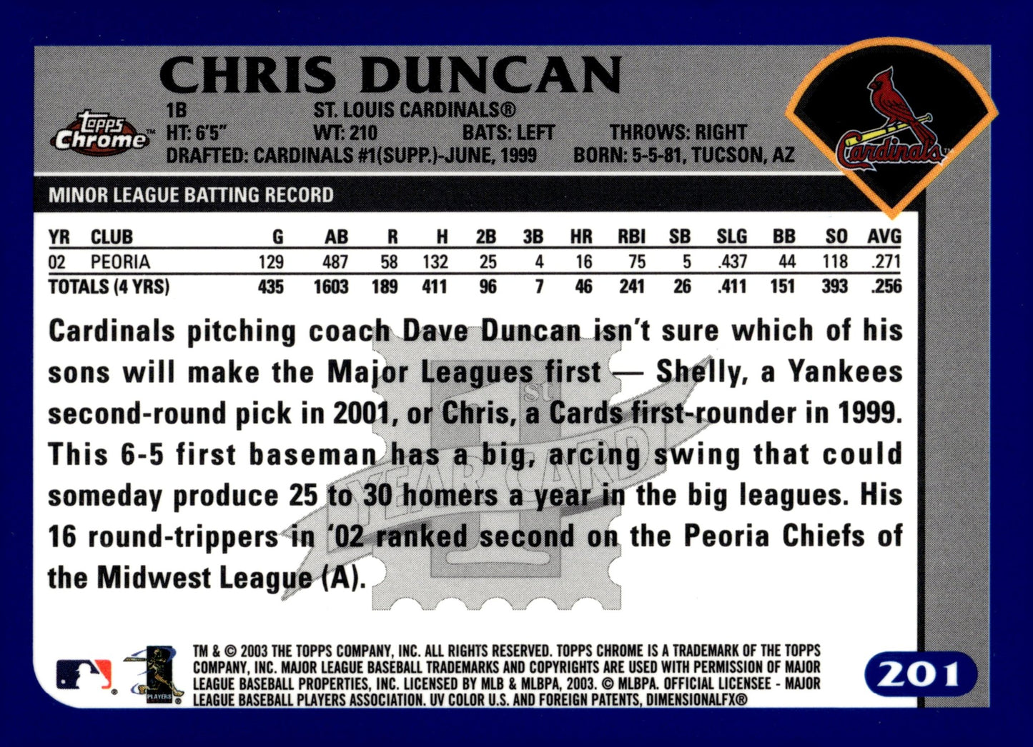 Chris Duncan 2003 Topps Chrome 1st Year Blue 201 - Collector Store LLC