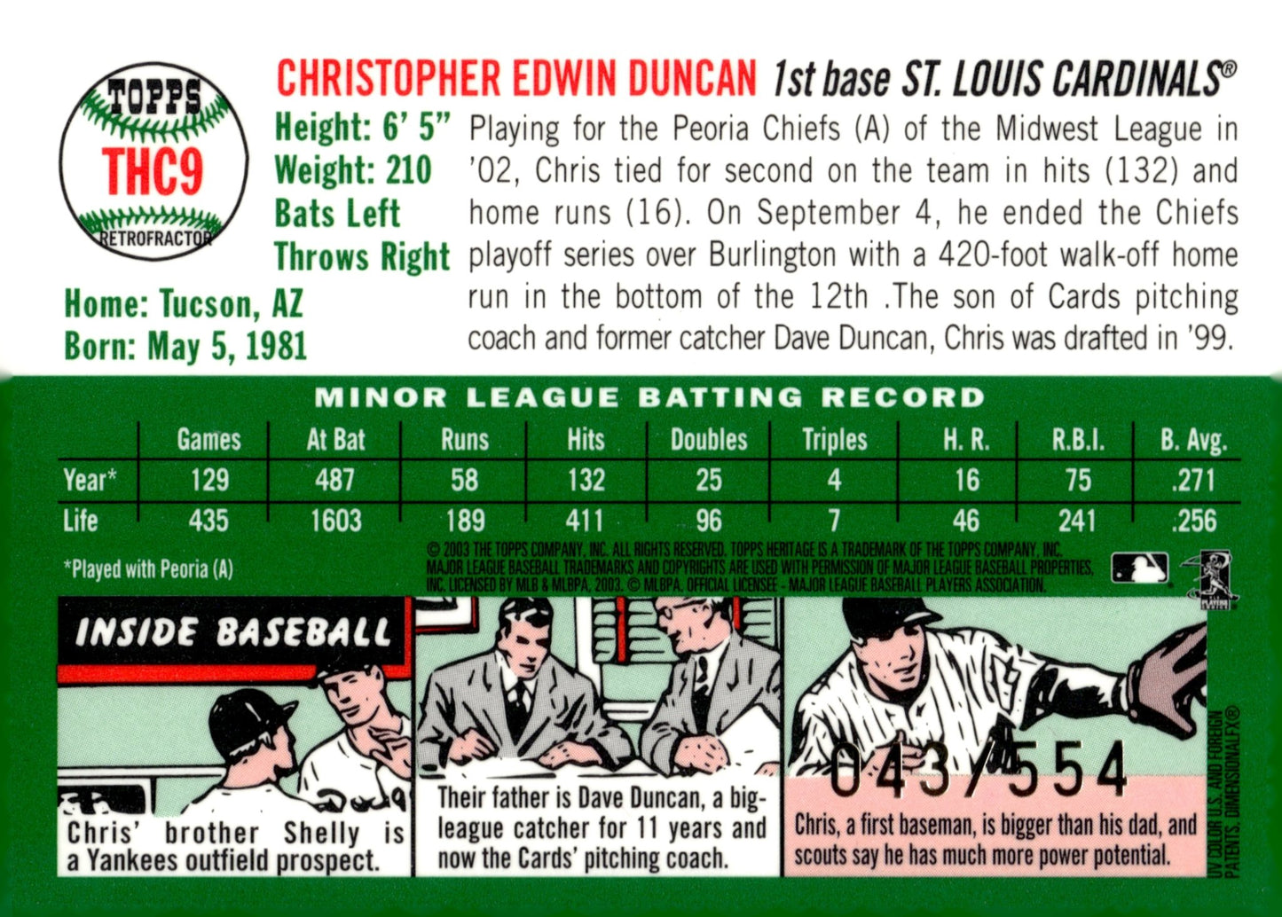 Chris Duncan 2003 Topps Heritage Chrome Refractor 043/554 #THC9 - Collector Store LLC