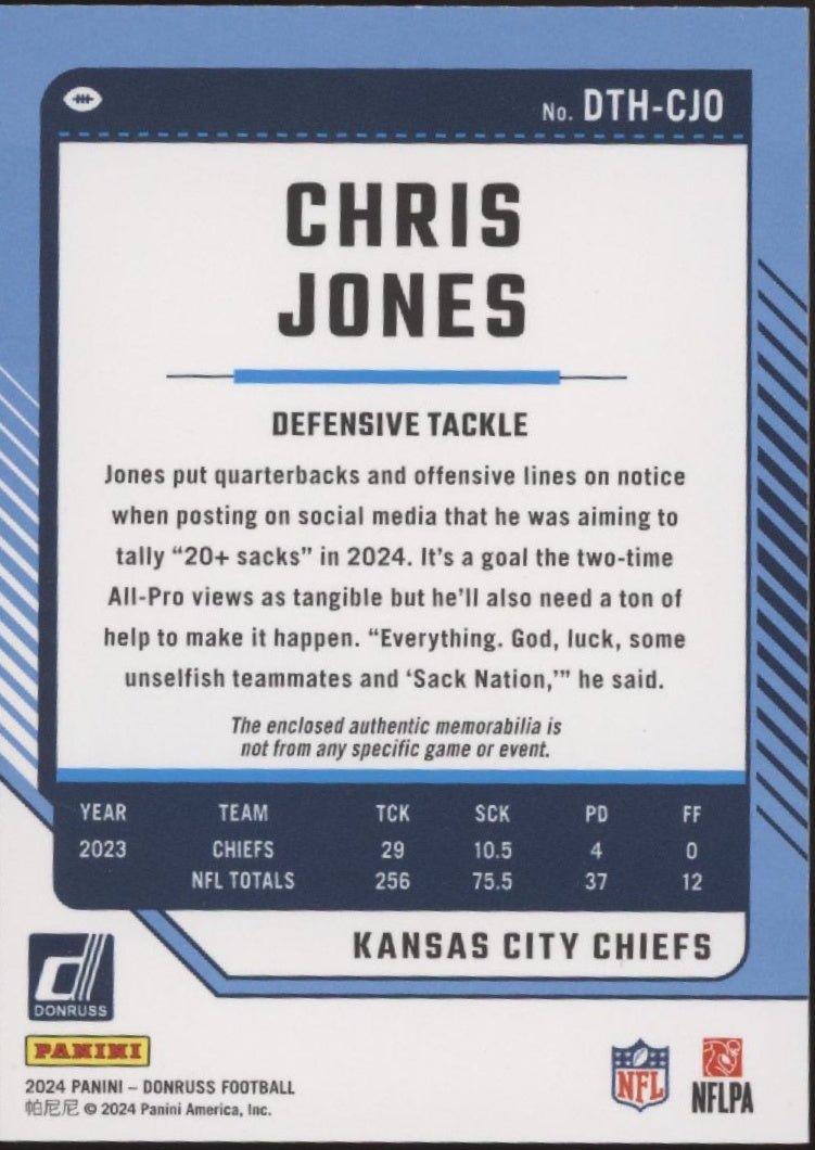 Chris Jones 2024 Panini Donruss Threads Swatch #DTH - CJO - Collector Store LLC
