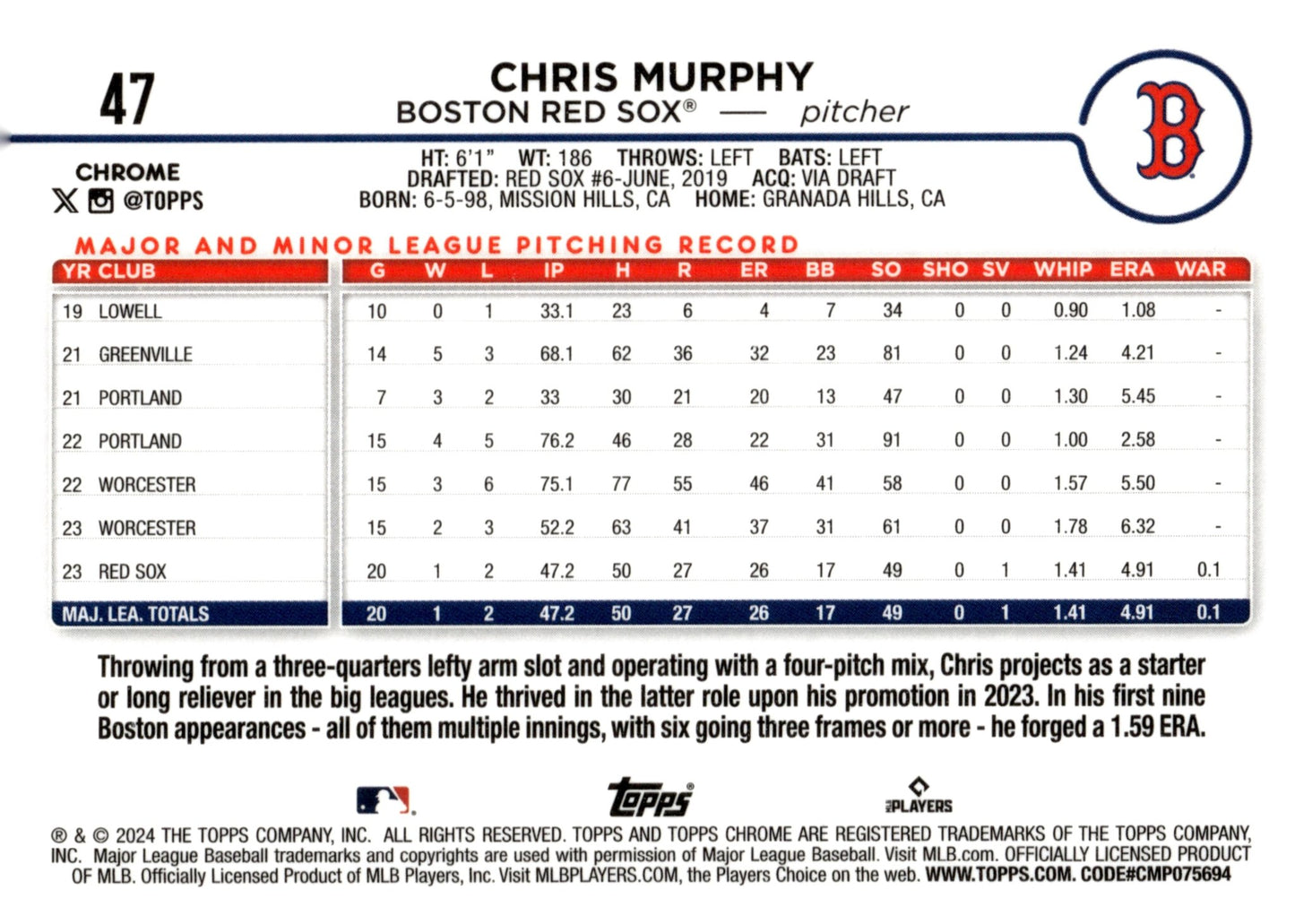 Chris Murphy 2024 Topps Chrome Sepia Refractor RC 47 - Collector Store LLC