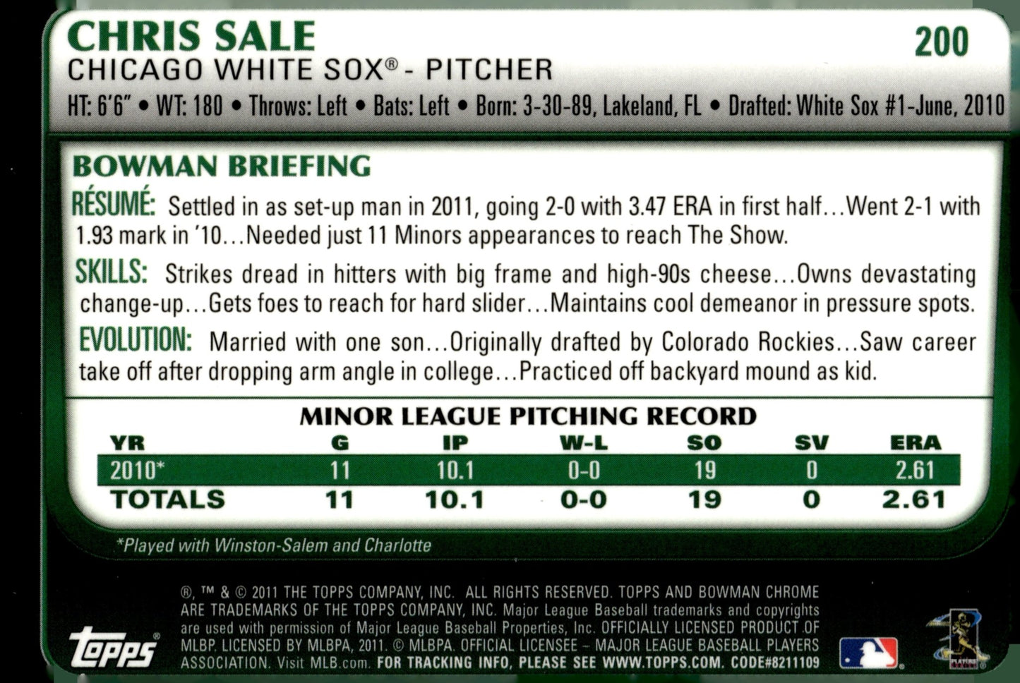 Chris Sale 2011 Bowman Chrome RC #200 - Collector Store LLC
