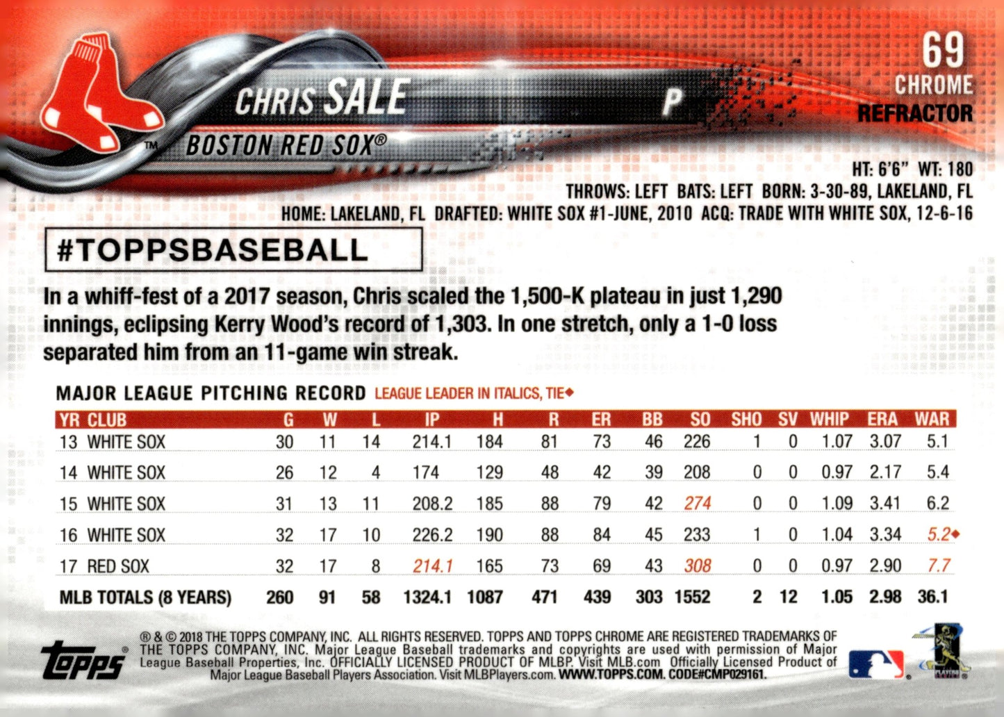Chris Sale 2018 Topps Chrome Purple Refractor 69 - Collector Store LLC
