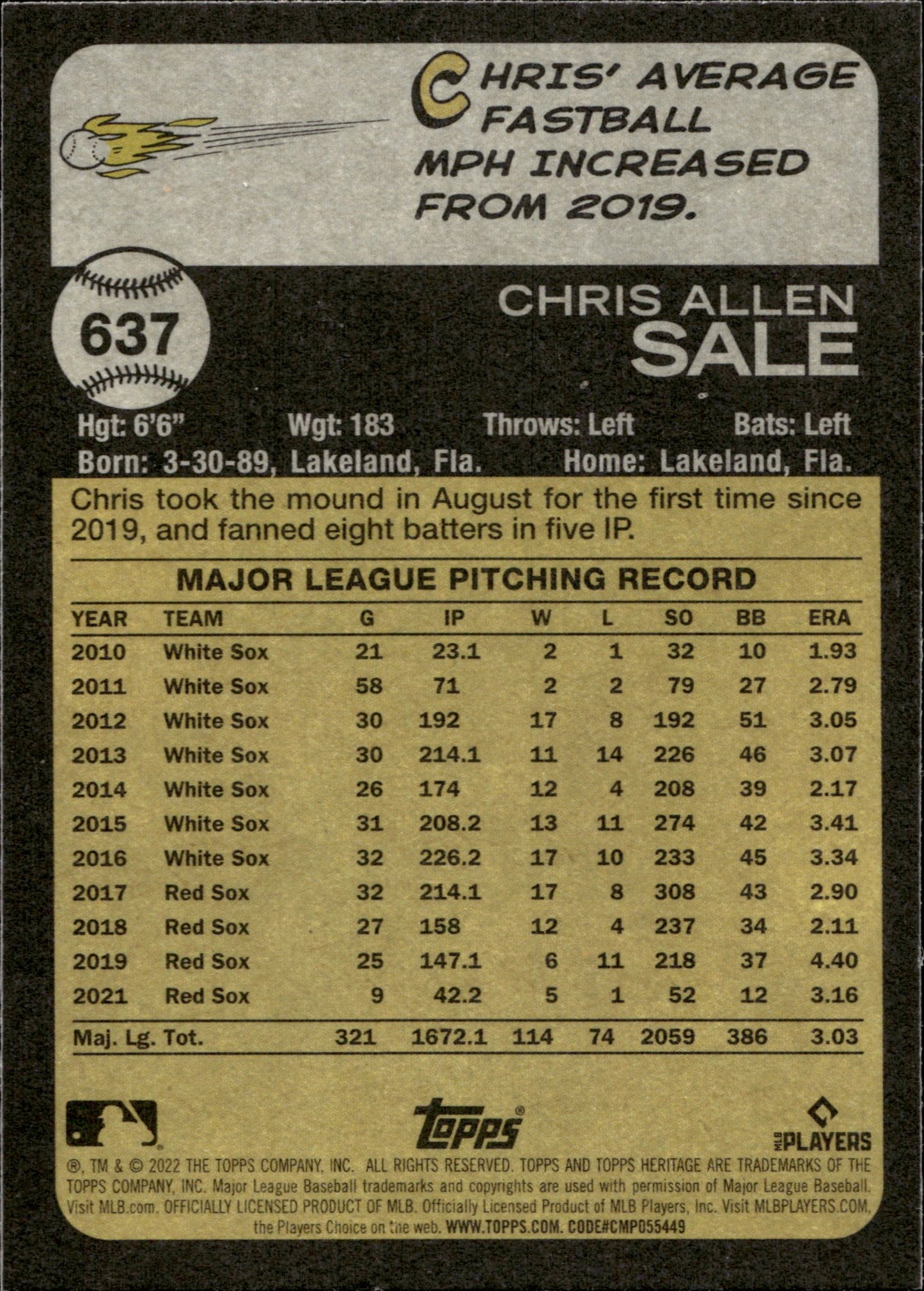 Chris Sale 2022 Topps Chrome Heritage Purple Refractor 637 - Collector Store LLC