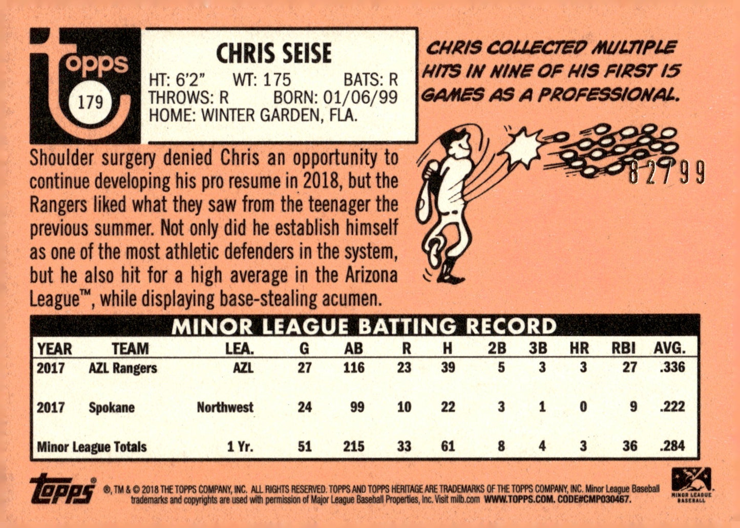 Chris Seise 2018 Topps Heritage Blue 82/99 179 - Collector Store LLC