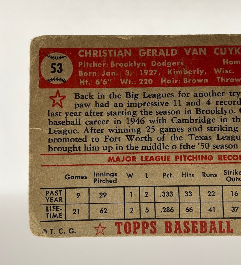 Chris Van Cuyk 1952 Topps RC #53 Brooklyn Dodgers PR #4 - Collector Store LLC