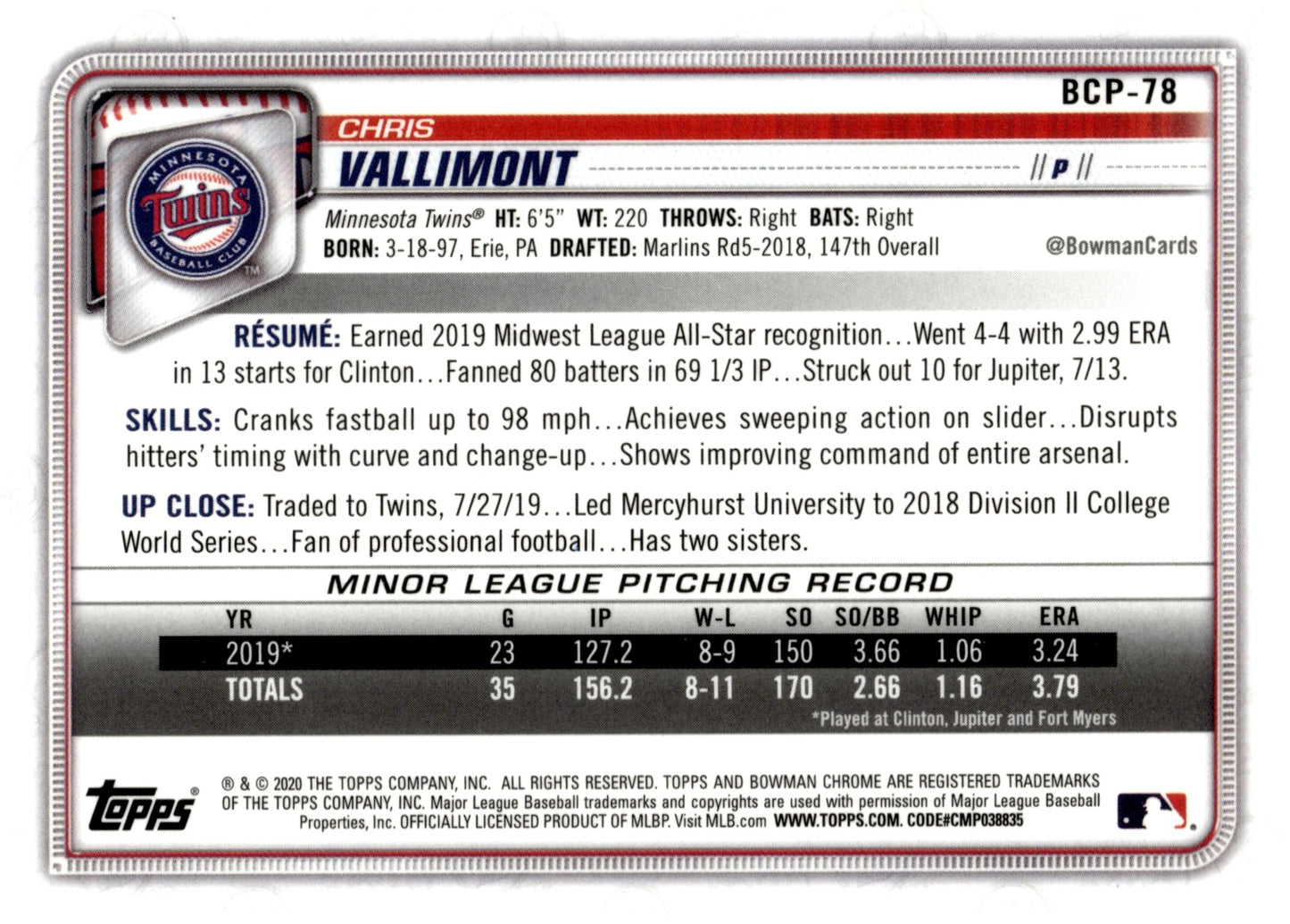 Chris Wallimont 2020 Bowman Chrome Mojo Refractor #BCP - 78 - Collector Store LLC