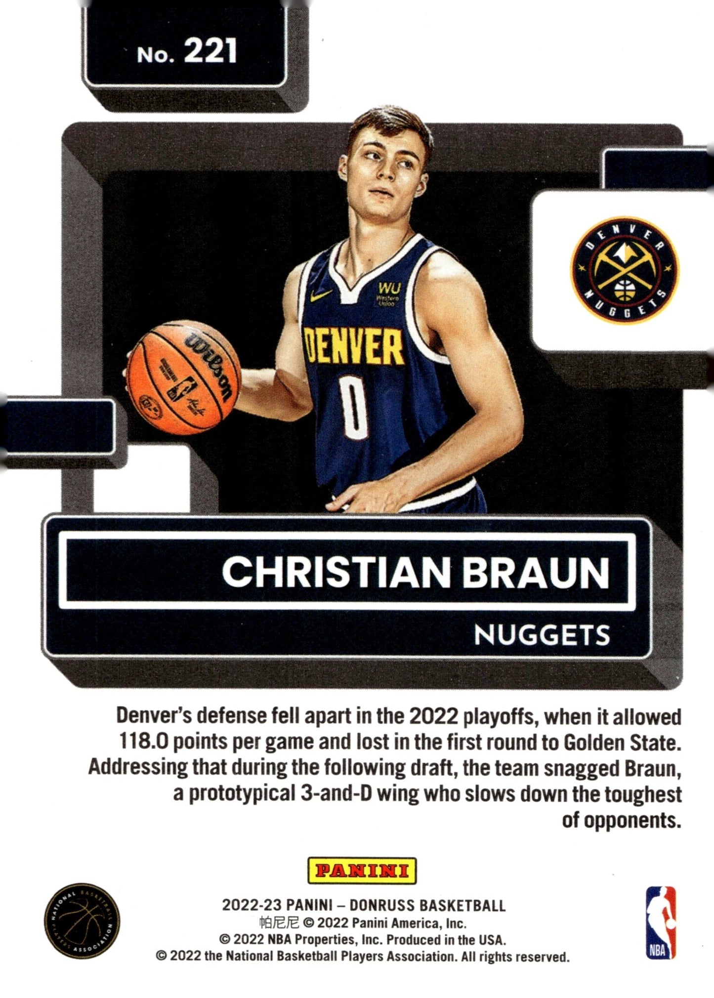 Christian Braun 2022 - 23 Panini Donruss Rated Rookie Green Laser RC #221 - Collector Store LLC