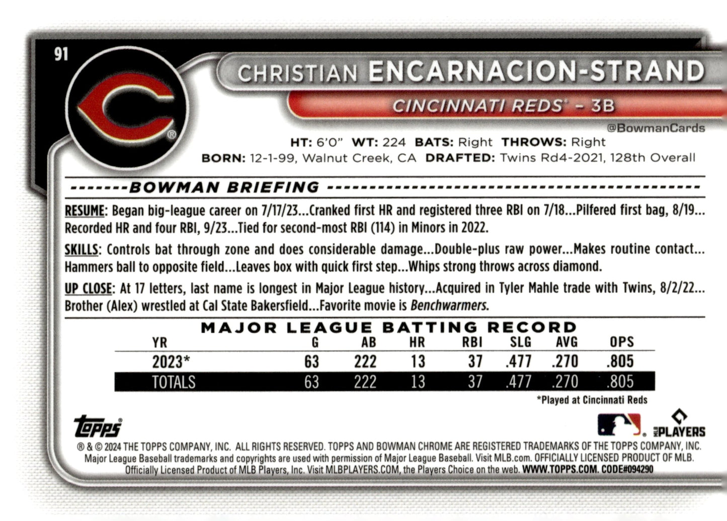 Christian Encarnacion - Strand 2024 Bowman Chrome Aqua Mojo Refractor RC 141/299 - Collector Store LLC