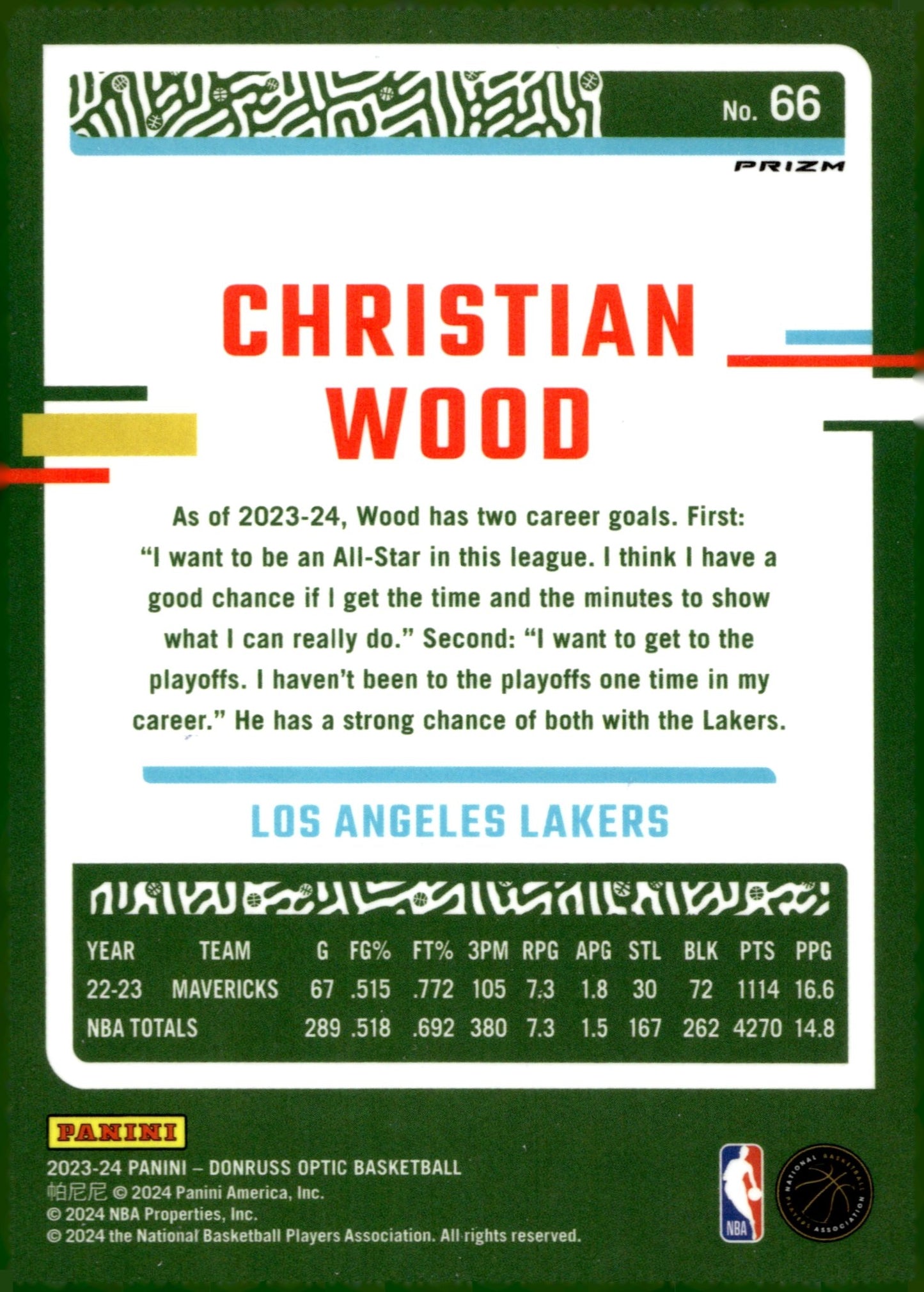 Christian Wood 2023 - 24 Panini Donruss Optic Blue Lazer Prizm #66 - Collector Store LLC