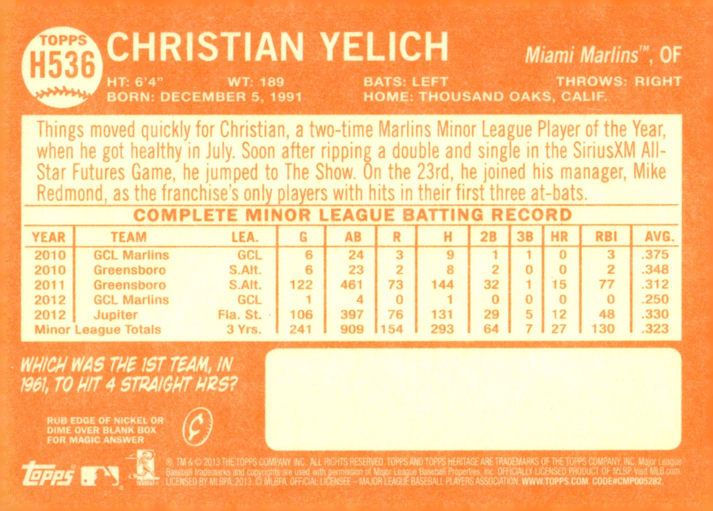 Christian Yelich 2013 Topps Heritage RC #H536 - Collector Store LLC