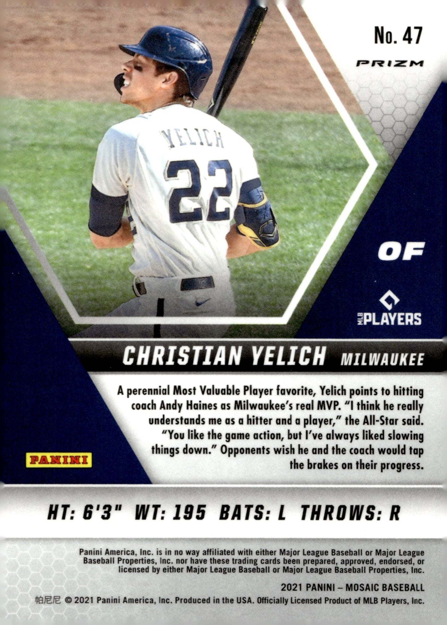 Christian Yelich 2021 Panini Mosaic Blue Camo Prizm 47 - Collector Store LLC