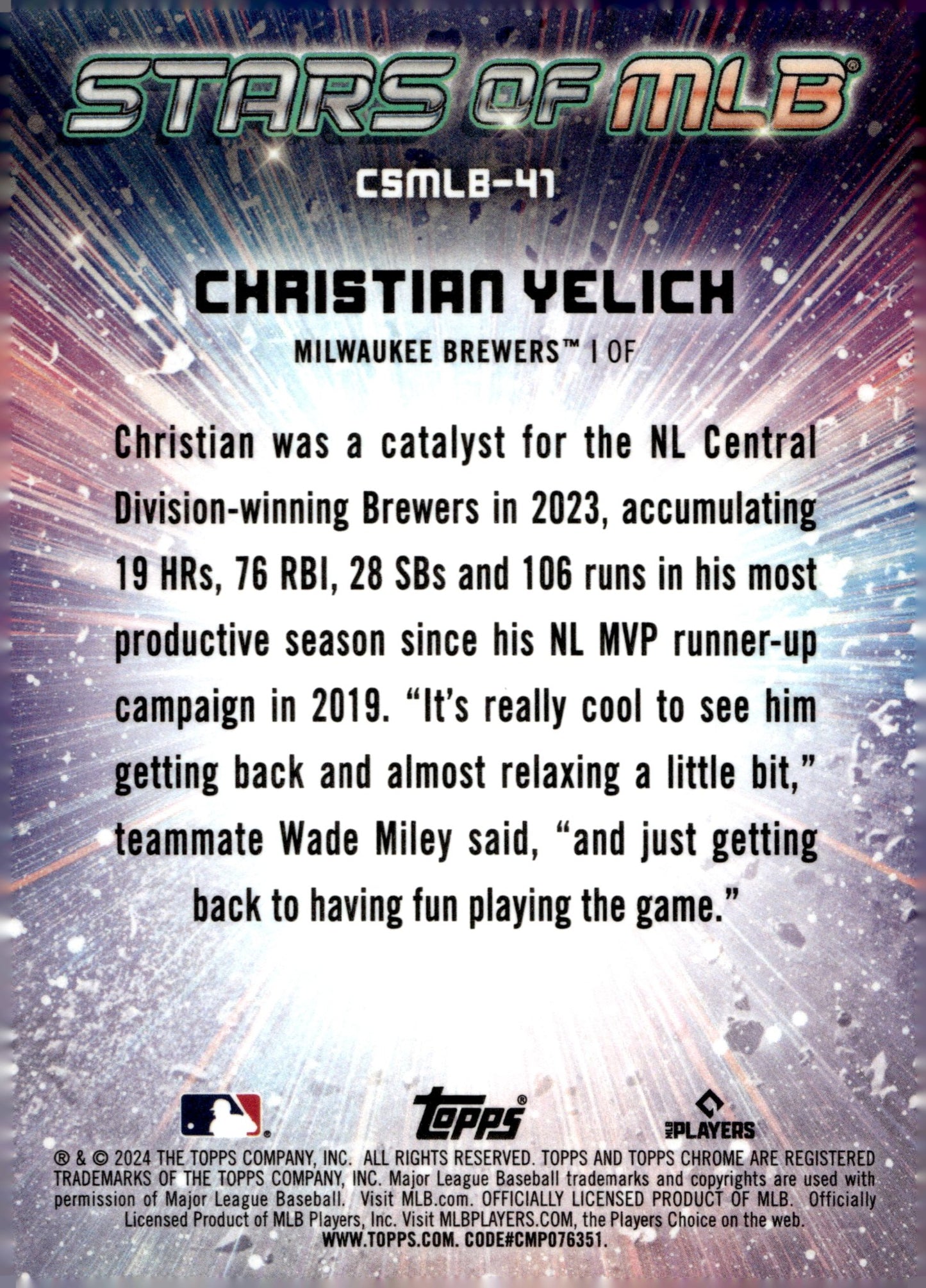 Christian Yelich 2024 Topps Chrome Stars of MLB Refractor CSMLB - 41 - Collector Store LLC