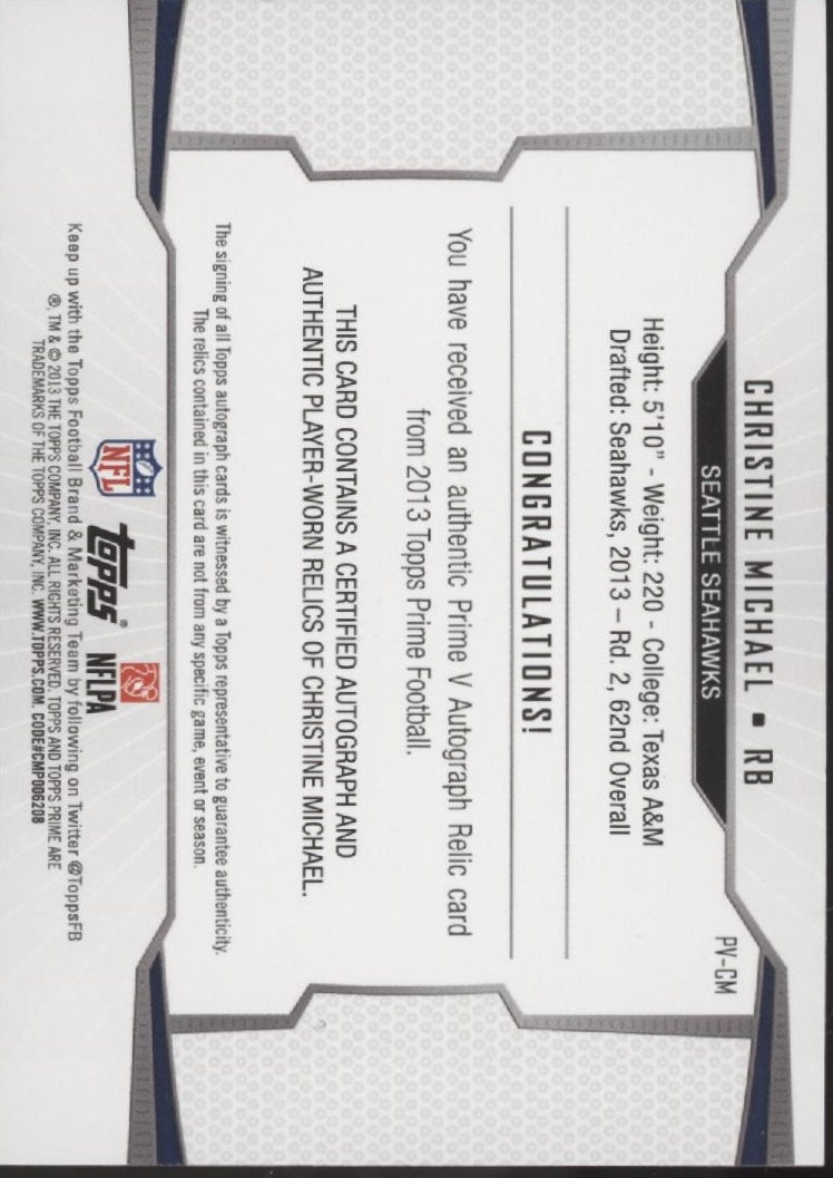 Christine Michael 2013 Topps Prime Swatch RC Auto 320/449 #PV - CM - Collector Store LLC