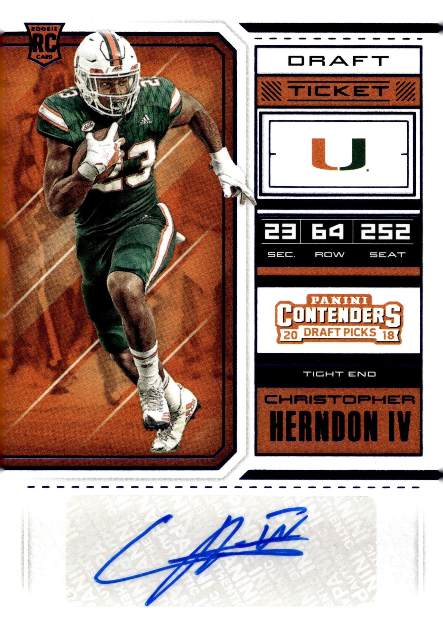 Christopher Herndon IV 2018 Contenders Draft Picks Draft Ticket Blue RC Auto - Collector Store LLC
