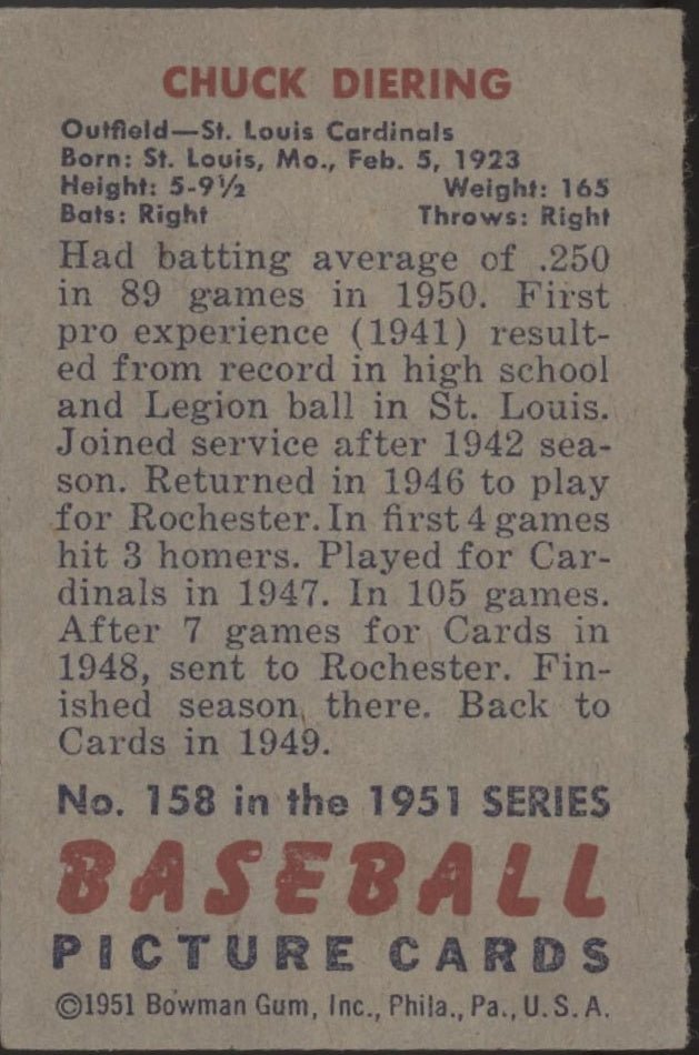 Chuck Diering 1951 Bowman #158 St. Louis Cardinals VG - EX - Collector Store LLC