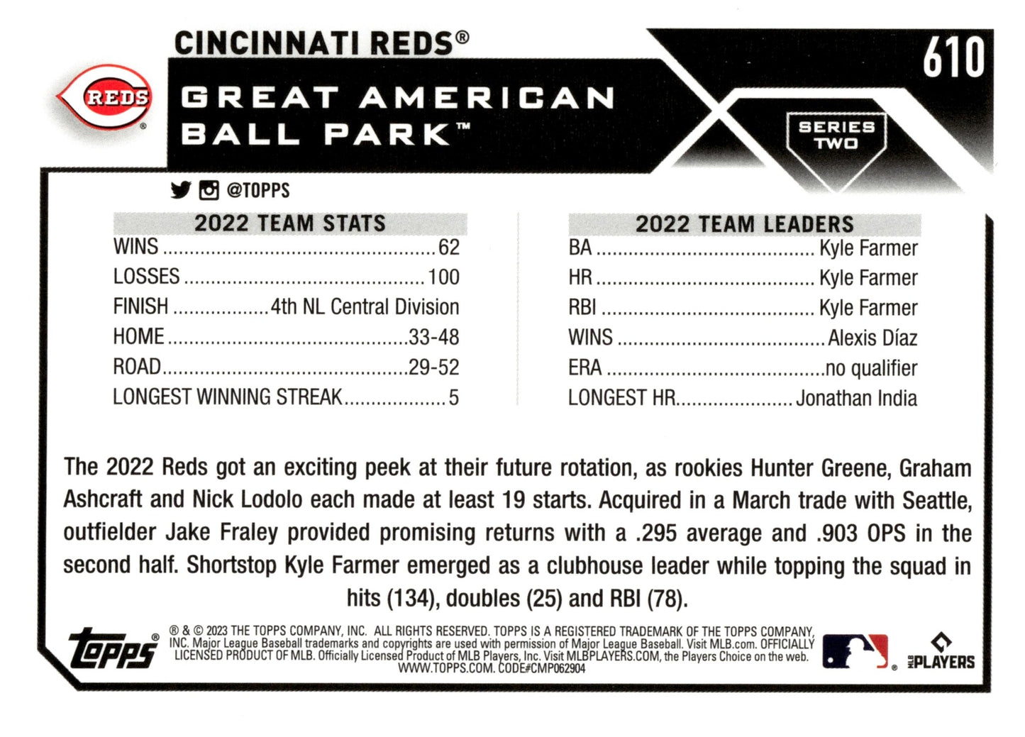 Cincinnati Reds 2023 Topps Series 2 Gold Border 0032/2023 #610 - Collector Store LLC
