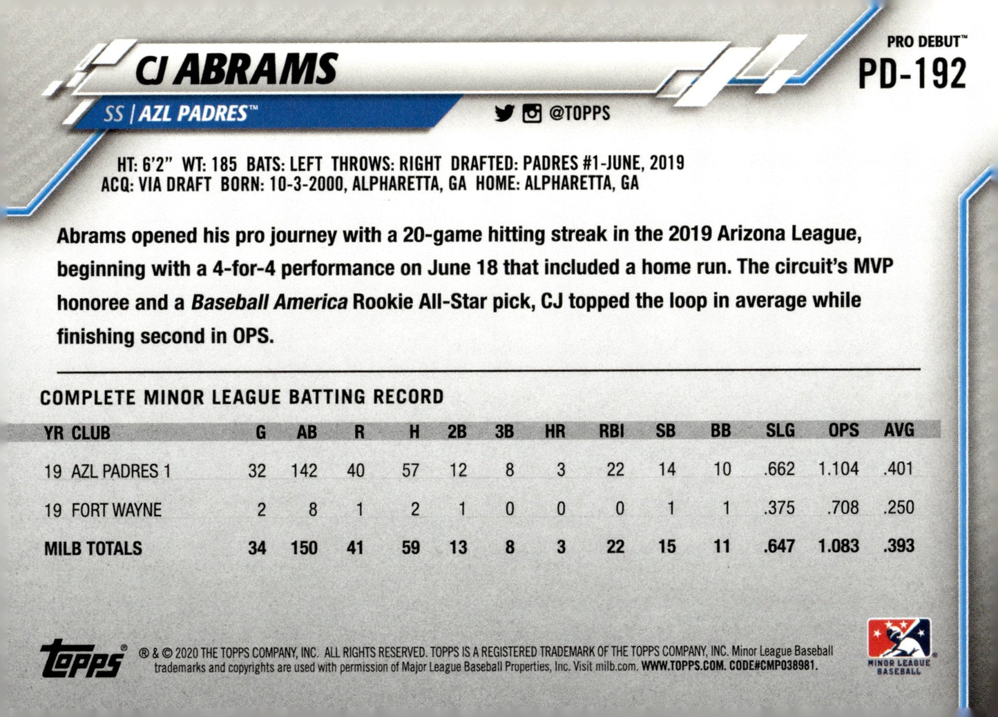 CJ Abrams 2020 Topps Pro Debut PD - 192 - Collector Store LLC