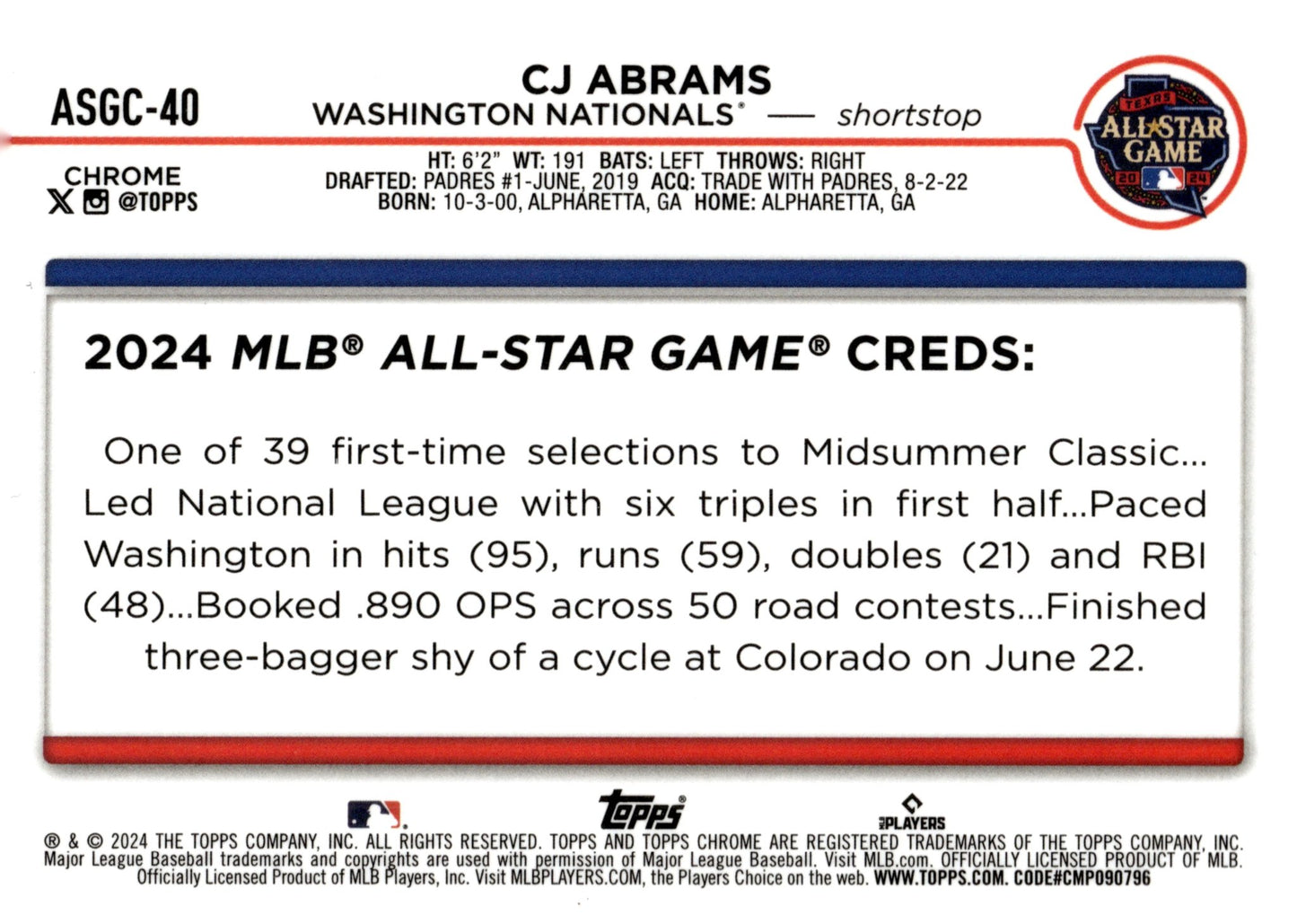 CJ Abrams 2024 Topps Chrome All Star Game Refractor ASGC - 40 1 - Collector Store LLC