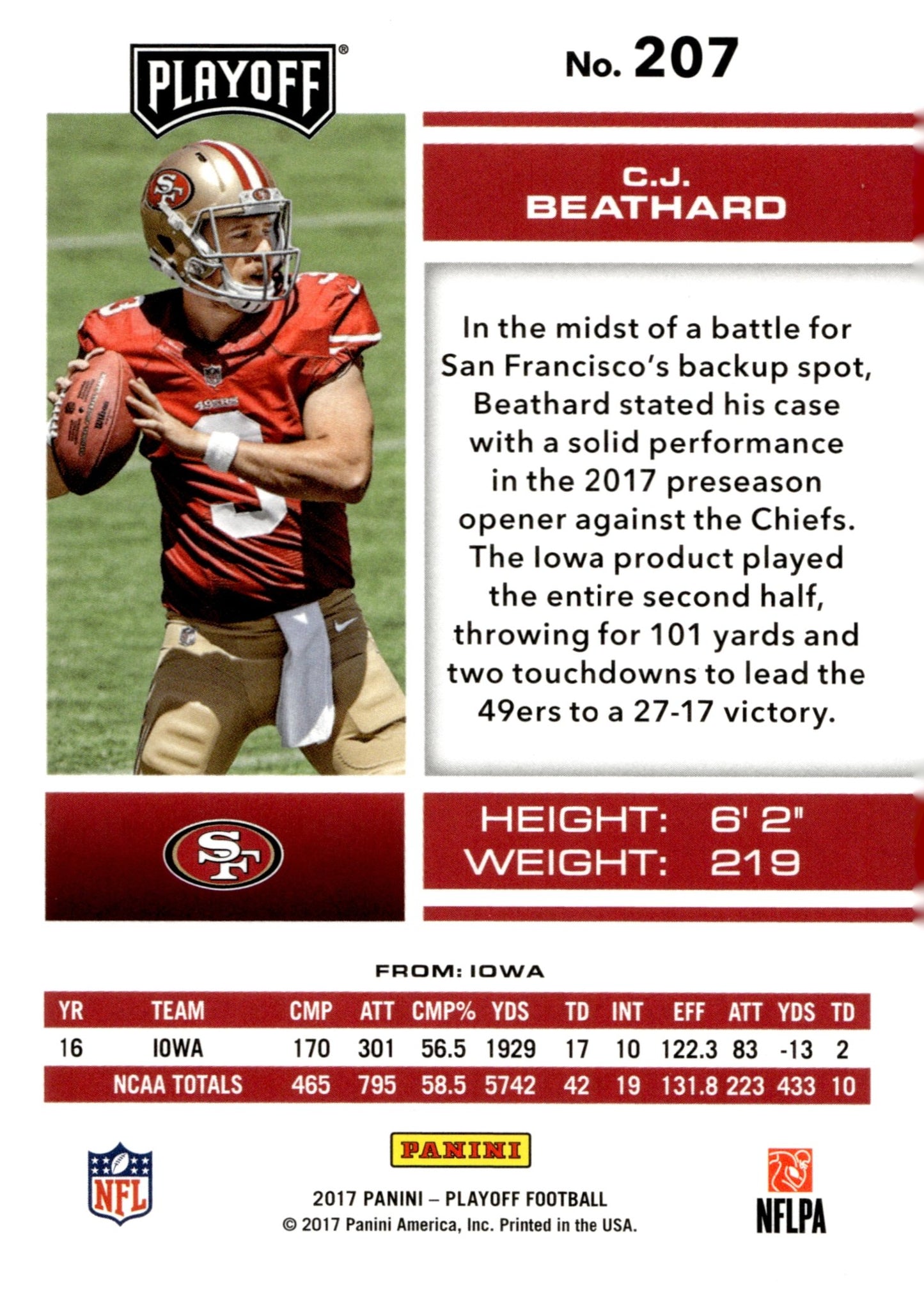 CJ Beathard 2017 Panini Playoff 1st Down RC 46/99 #207 - Collector Store LLC