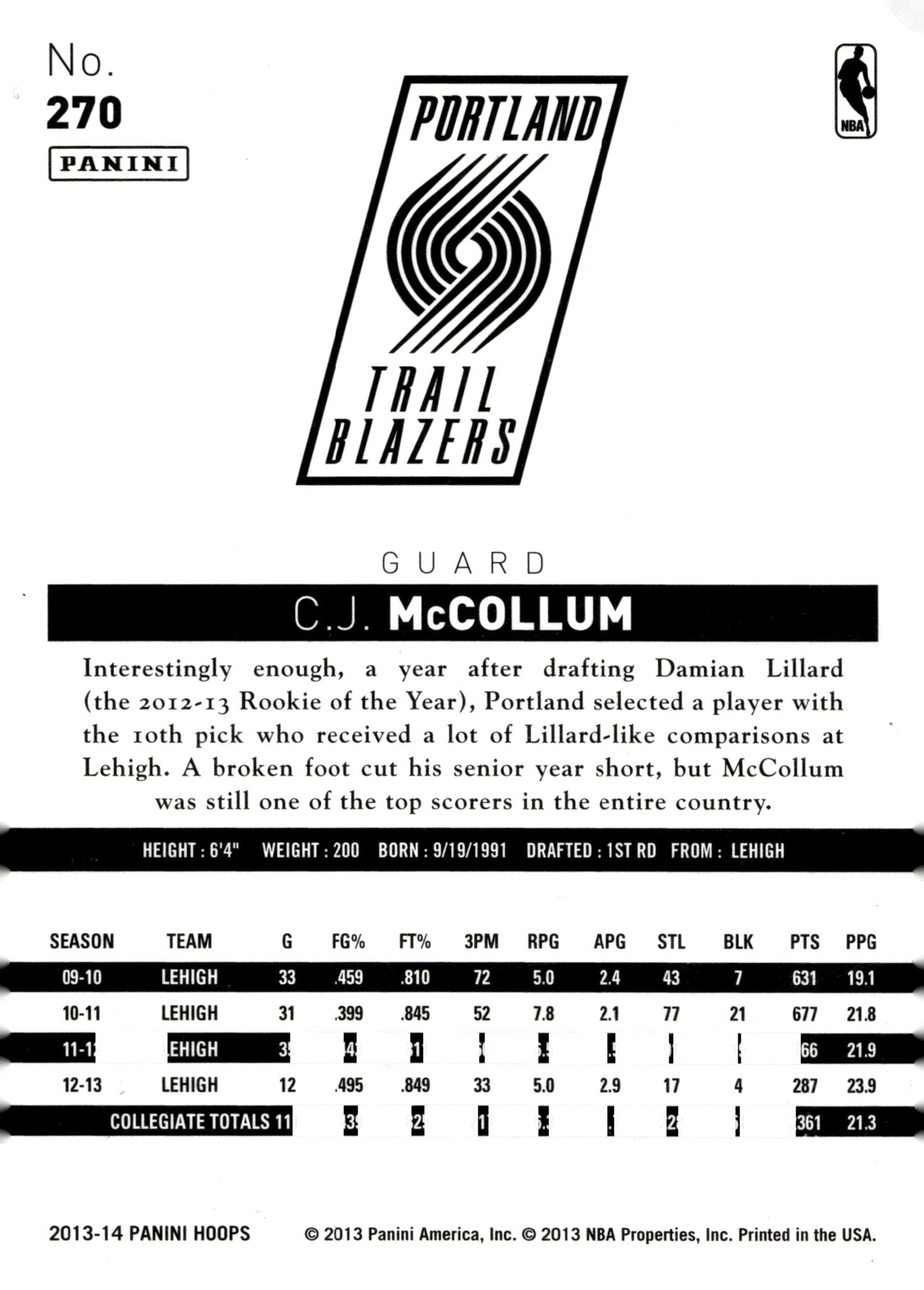 CJ McCollum 2013 - 14 Panini Hoops RC #270 - Collector Store LLC