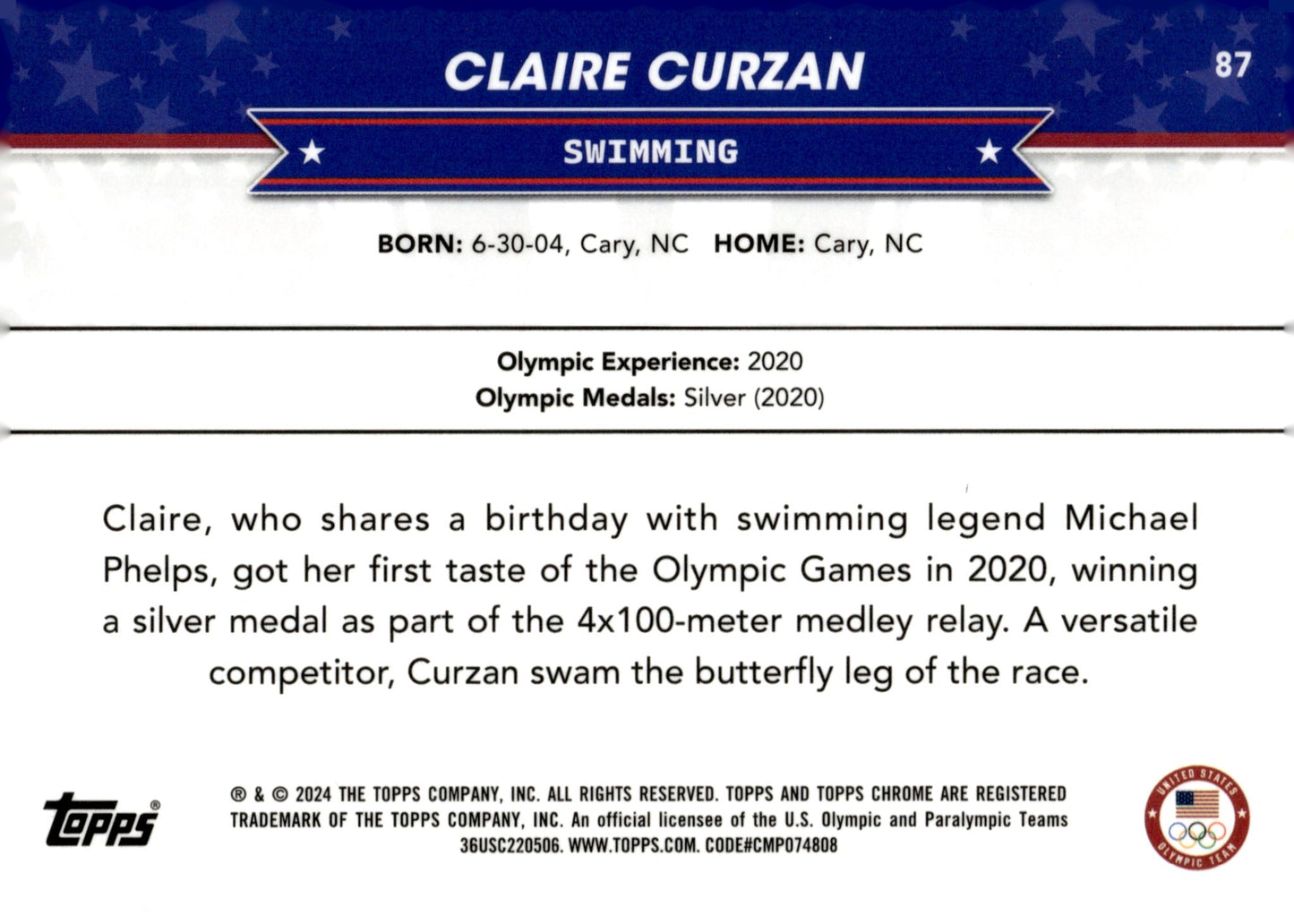 Claire Curzan 2024 Chrome US Olympic & Paralympic Hopefuls Aqua Refractor /199 - Collector Store LLC