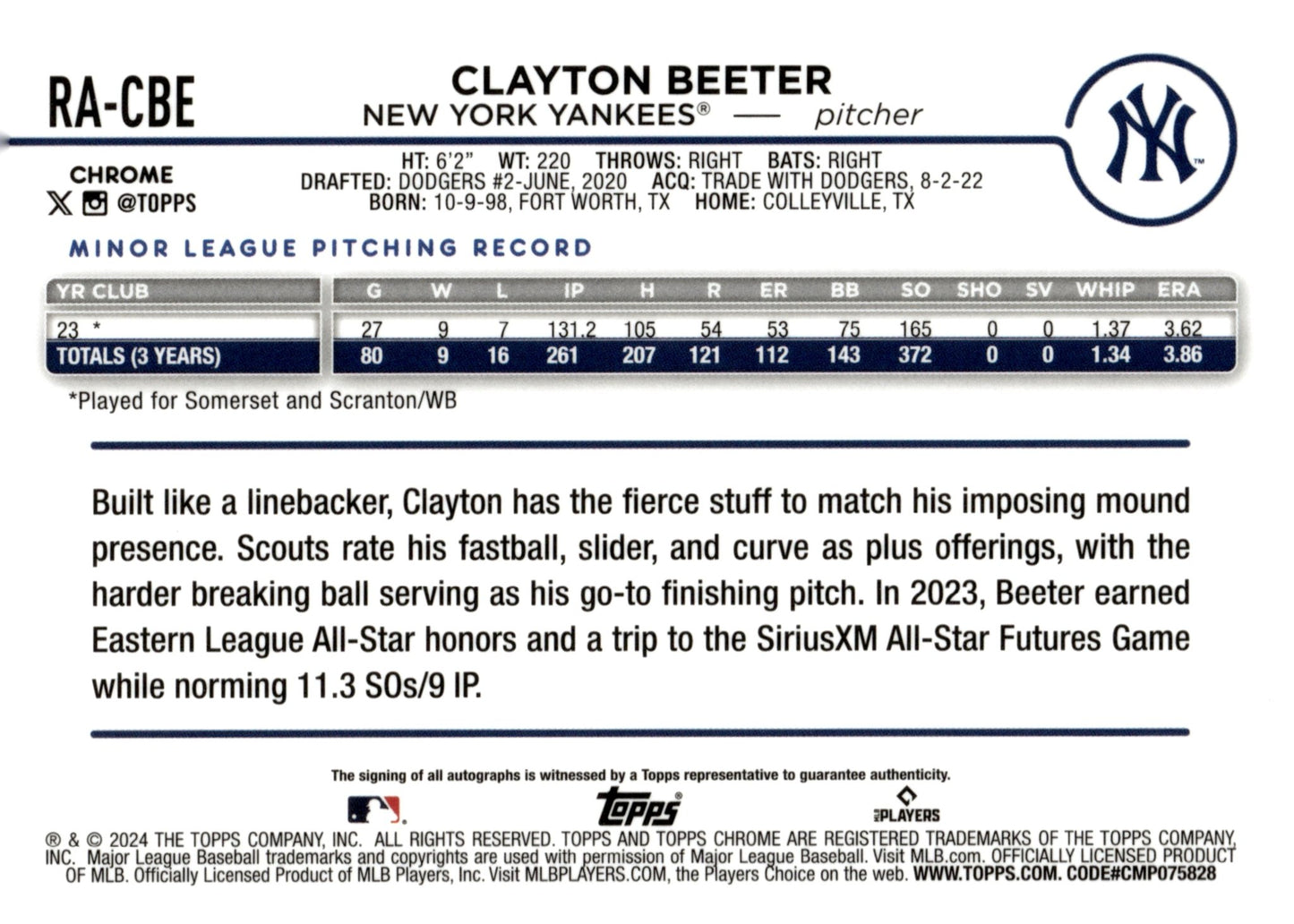 Clayton Beeter 2024 Topps Chrome RC Auto #RA - CBE - Collector Store LLC