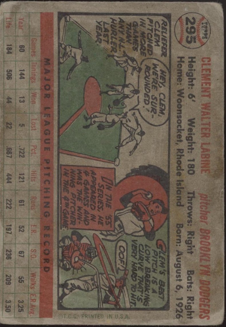 Clem Labine 1956 Topps #295 Brooklyn Dodgers VG - Collector Store LLC