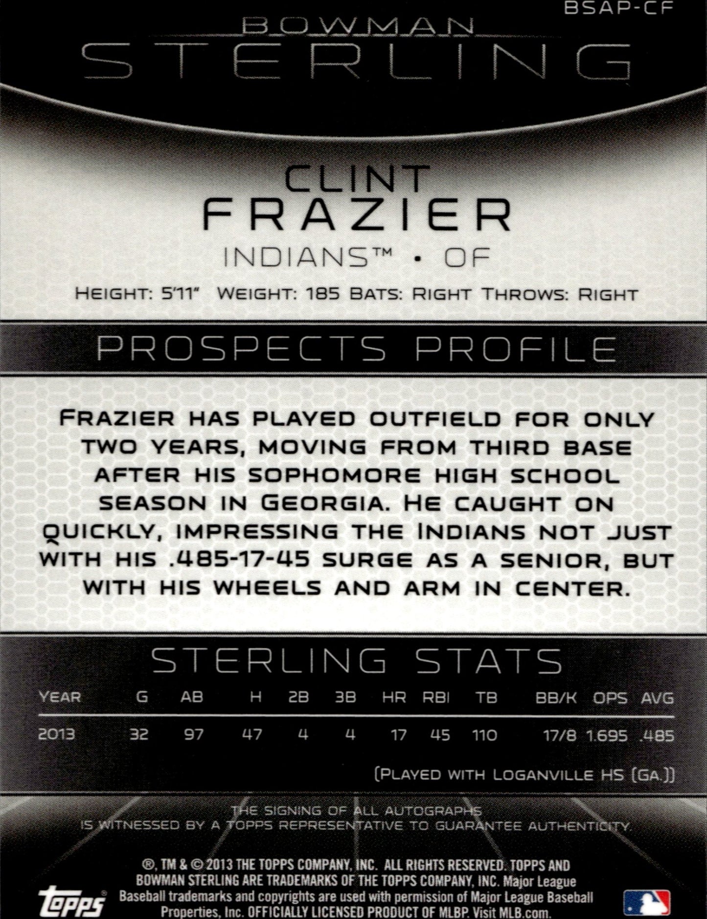 Clint Frazier 2013 Bowman Sterling Auto #BSAP - CF - Collector Store LLC