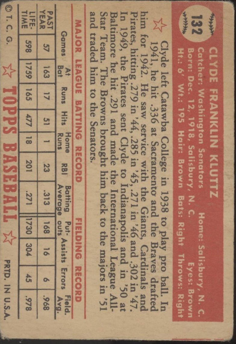 Clyde Kluttz 1952 Topps RC #132 Washington Senators GD - Collector Store LLC