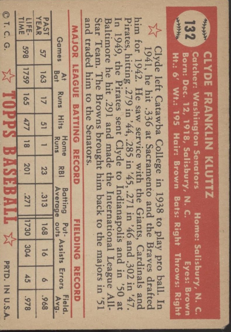 Clyde Kluttz 1952 Topps RC #132 Washington Senators VG - Collector Store LLC