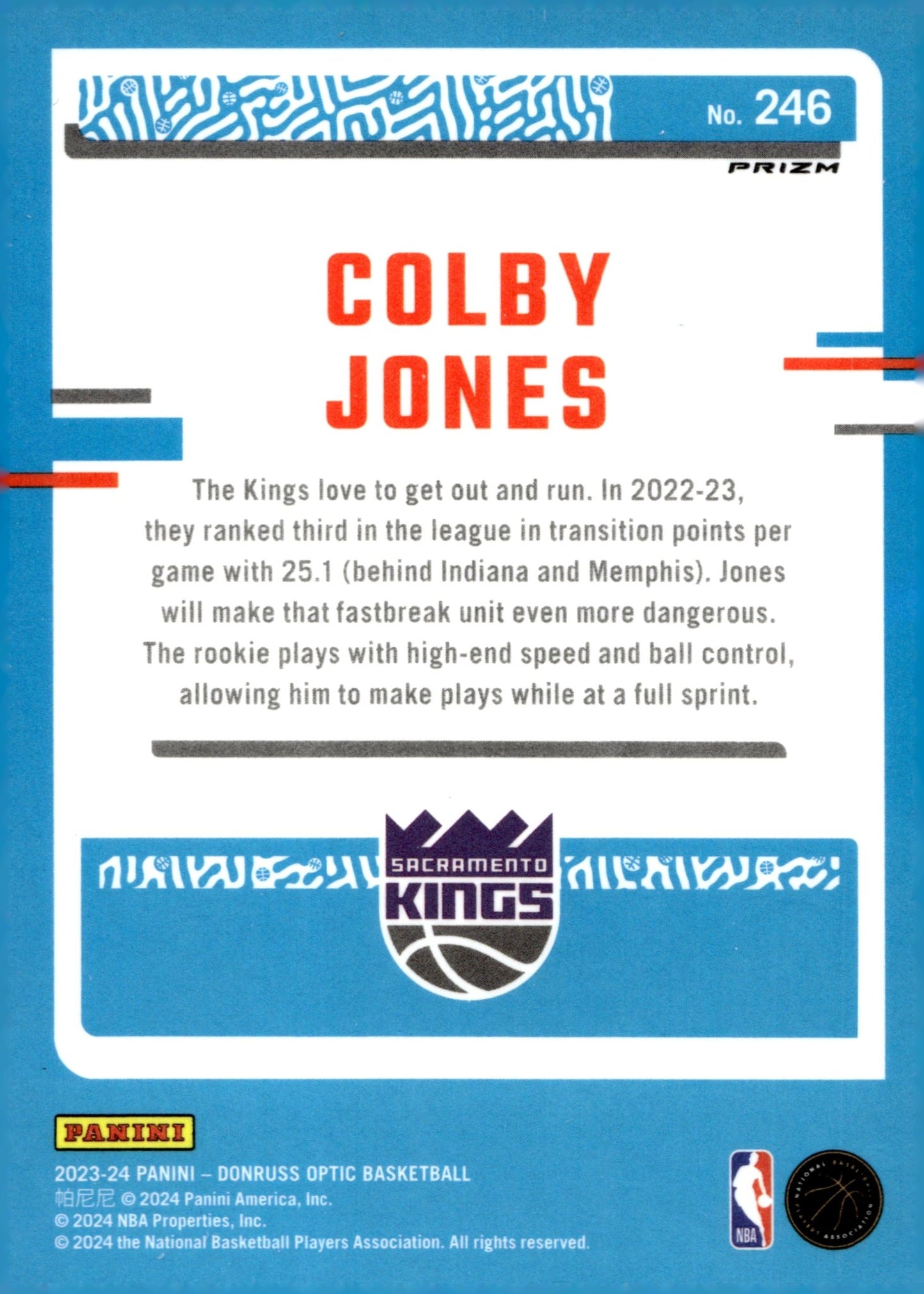 Colby Jones 2023 - 24 Panini Donruss Optic Rated Rookie Blue Lazer Prizm RC #246 - Collector Store LLC