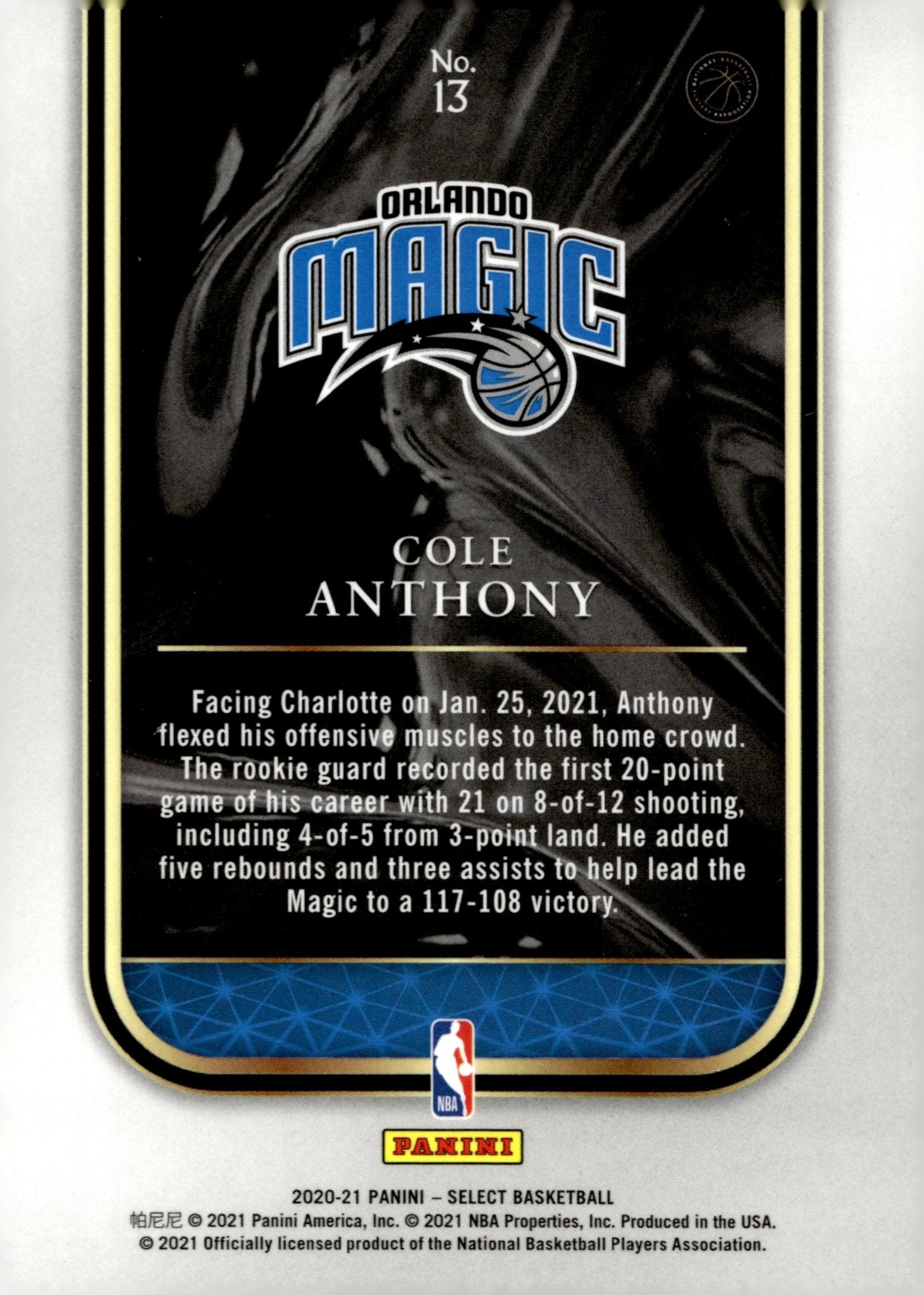 Cole Anthony 2020 - 21 Panini Select Rookie Selections RC #13 - Collector Store LLC