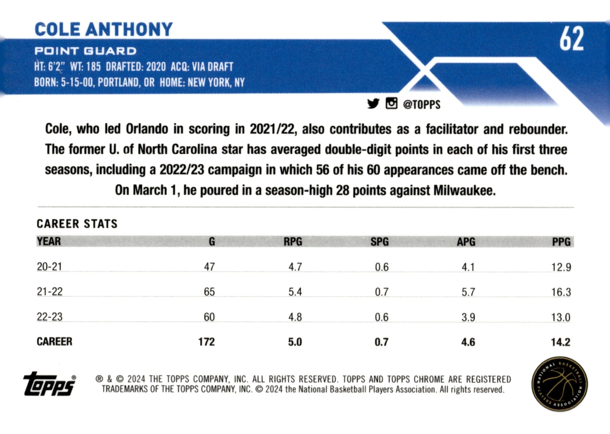 Cole Anthony 2024 Topps Chrome #62 - Collector Store LLC