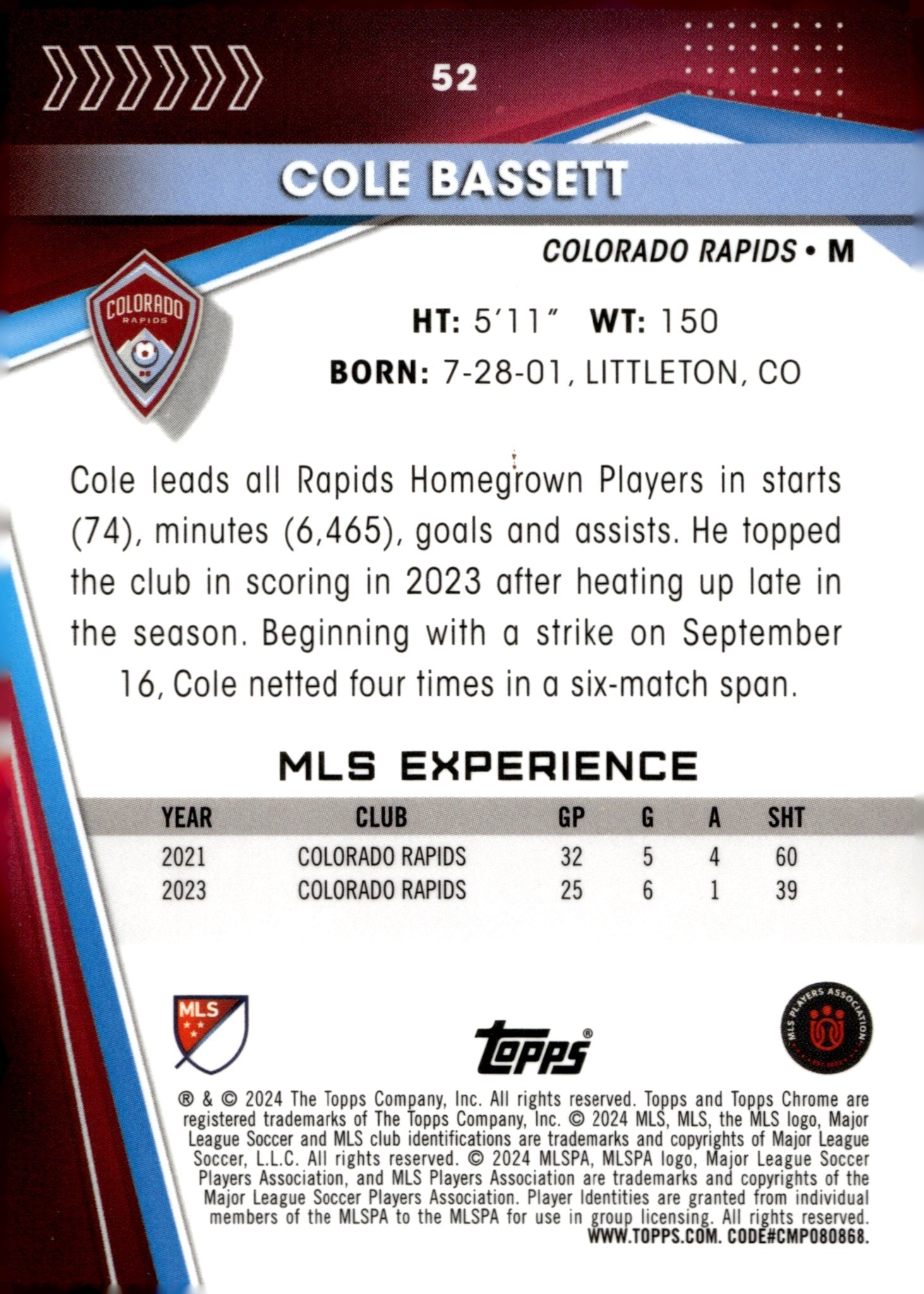 Cole Bassett 2024 Topps Chrome MLS #52 - Collector Store LLC