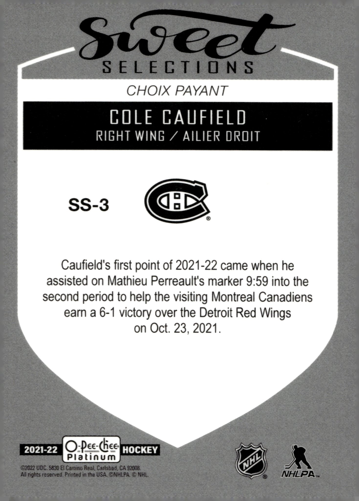 Cole Caufield 2021 - 22 O - Pee - Chee Platinum Sweet Selections #SS - 3 - Collector Store LLC