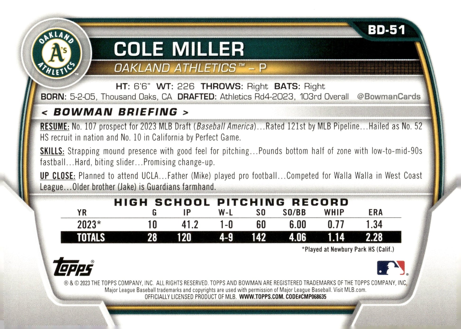 Cole Miller 2023 Bowman Fuschia 062/199 BD - 51 - Collector Store LLC