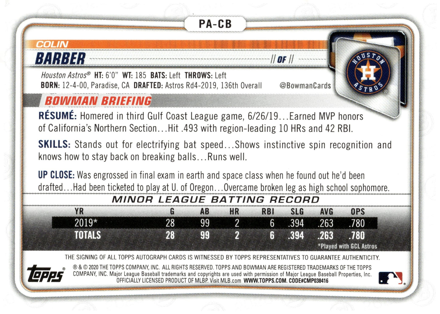 Colin Barber 2020 Bowman Prospect Purple Auto 211/250 #PA - CB - Collector Store LLC
