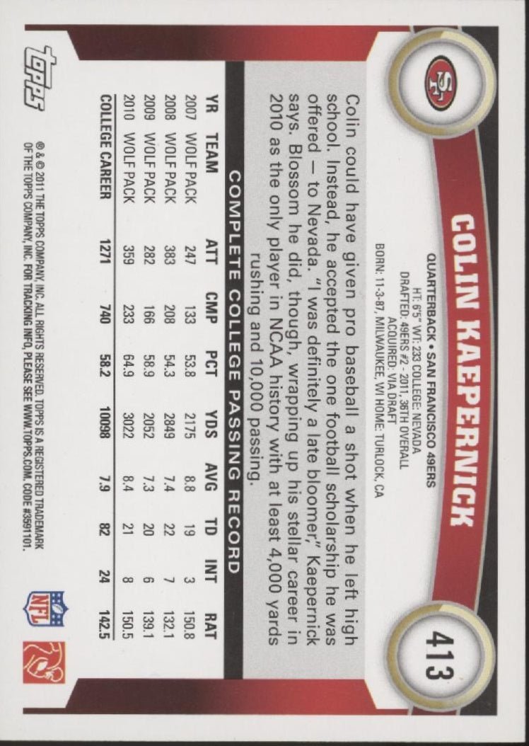 Colin Kaepernick 2011 Topps RC #413 - Collector Store LLC