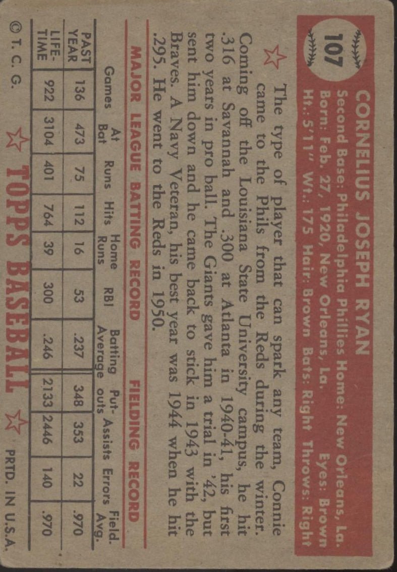 Connie Ryan 1952 Topps #107 Philadelphia Phillies VG - Collector Store LLC