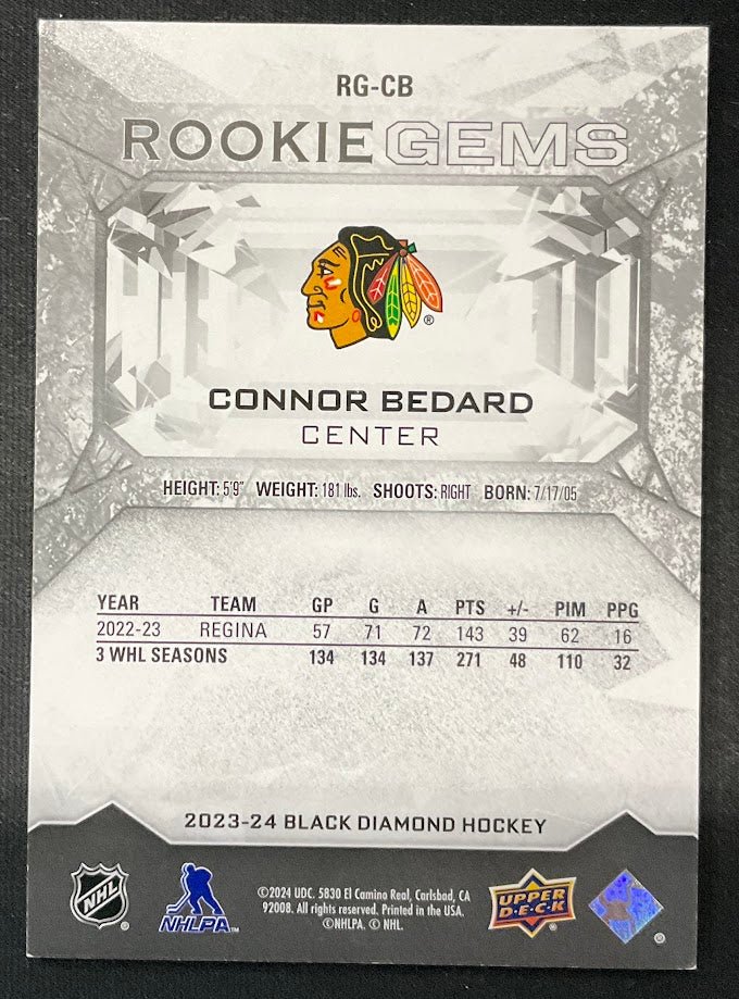 Connor Bedard 2023 - 24 Upper Deck Black Diamond Rookie Gems Red RC 085/100 #RG - CB - Collector Store LLC