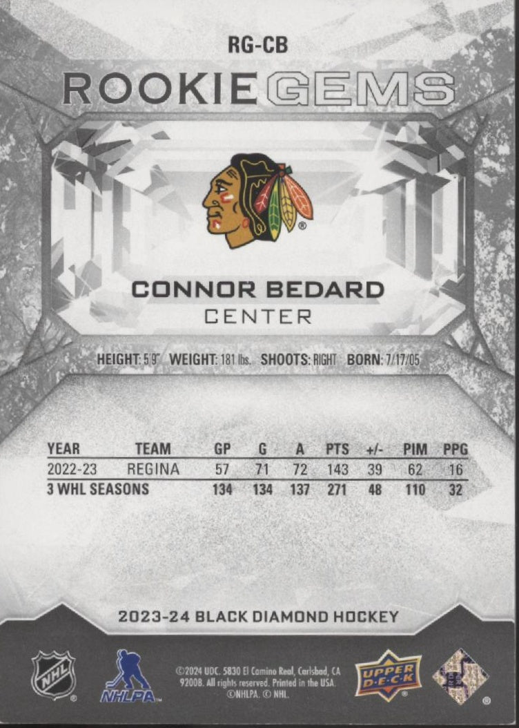 Connor Bedard 2023 - 24 Upper Deck Black Diamond Rookie Gems Red RC 085/100 #RG - CB - Collector Store LLC