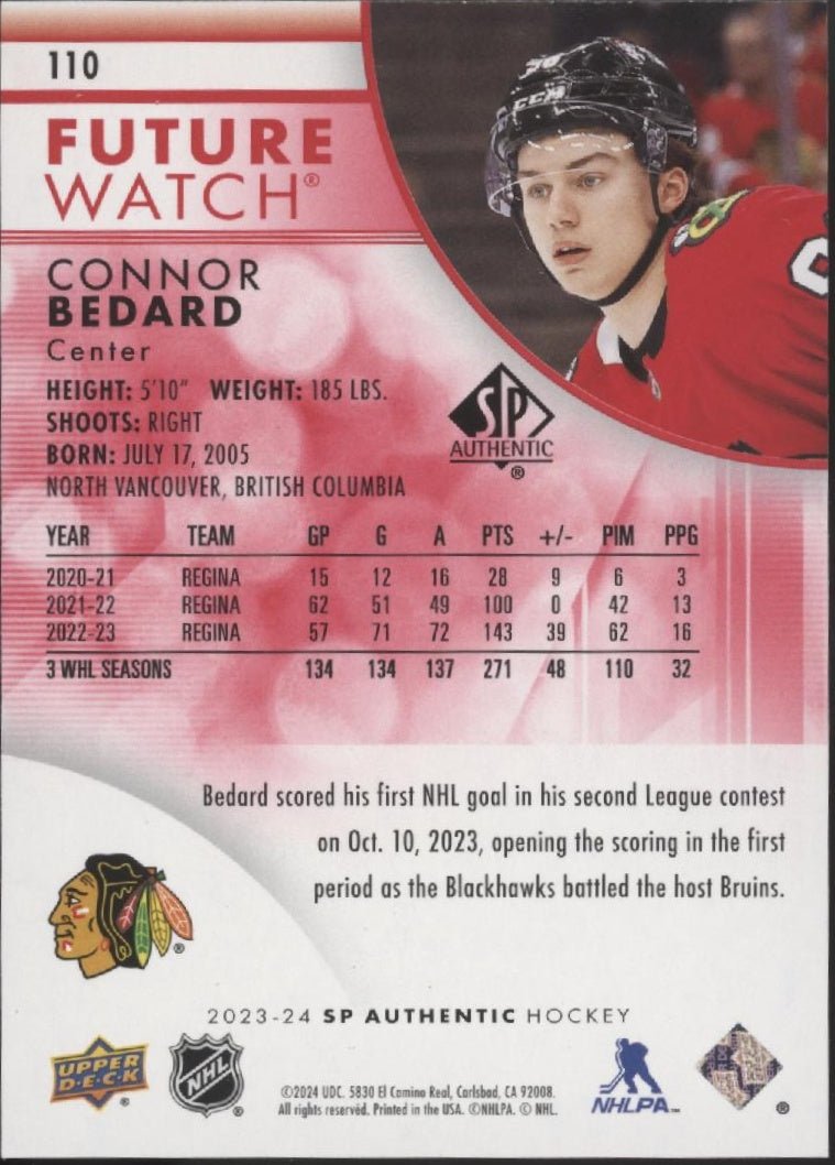 Connor Bedard 2023 - 24 Upper Deck SP Authentic Future Watch Limited 110 - Collector Store LLC