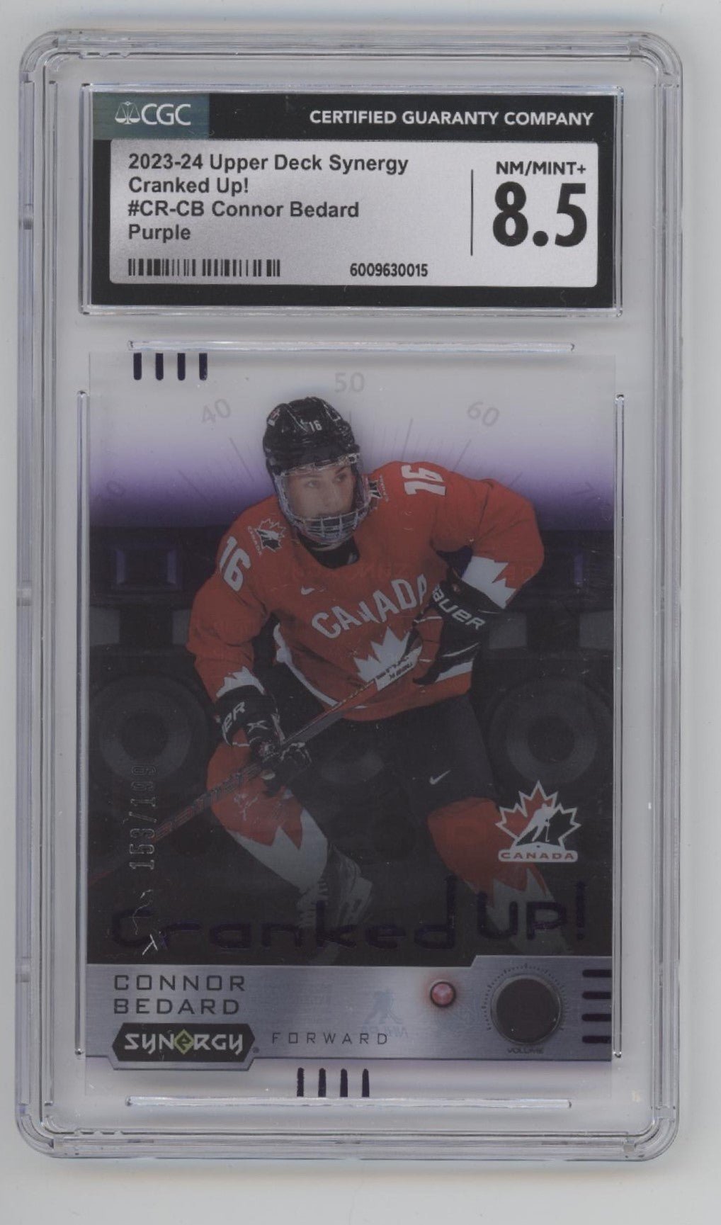 Connor Bedard 2023 - 24 Upper Deck Synergy Cranked Up! Purple RC 153/199 CGC 8.5 - Collector Store LLC