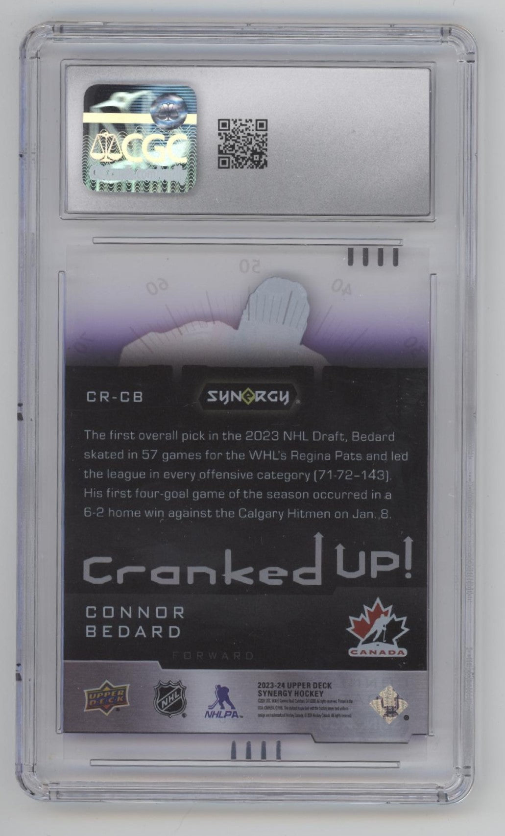 Connor Bedard 2023 - 24 Upper Deck Synergy Cranked Up! Purple RC 153/199 CGC 8.5 - Collector Store LLC