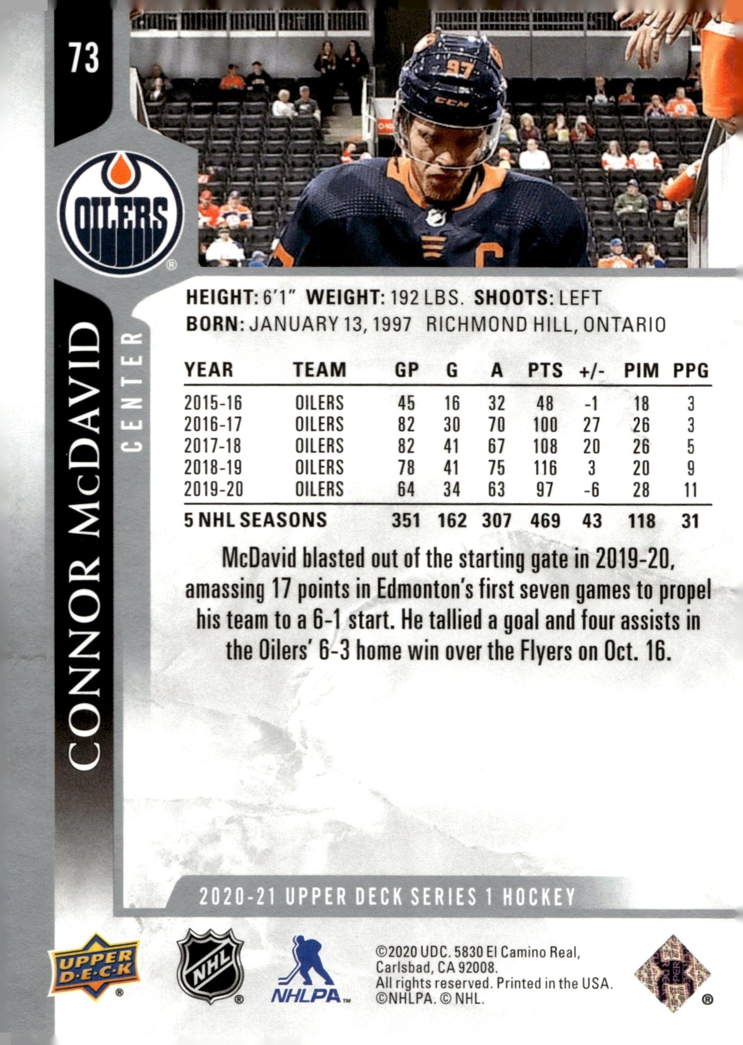 Connor McDavid 2020 - 21 Upper Deck Series 1 #73 - Collector Store LLC
