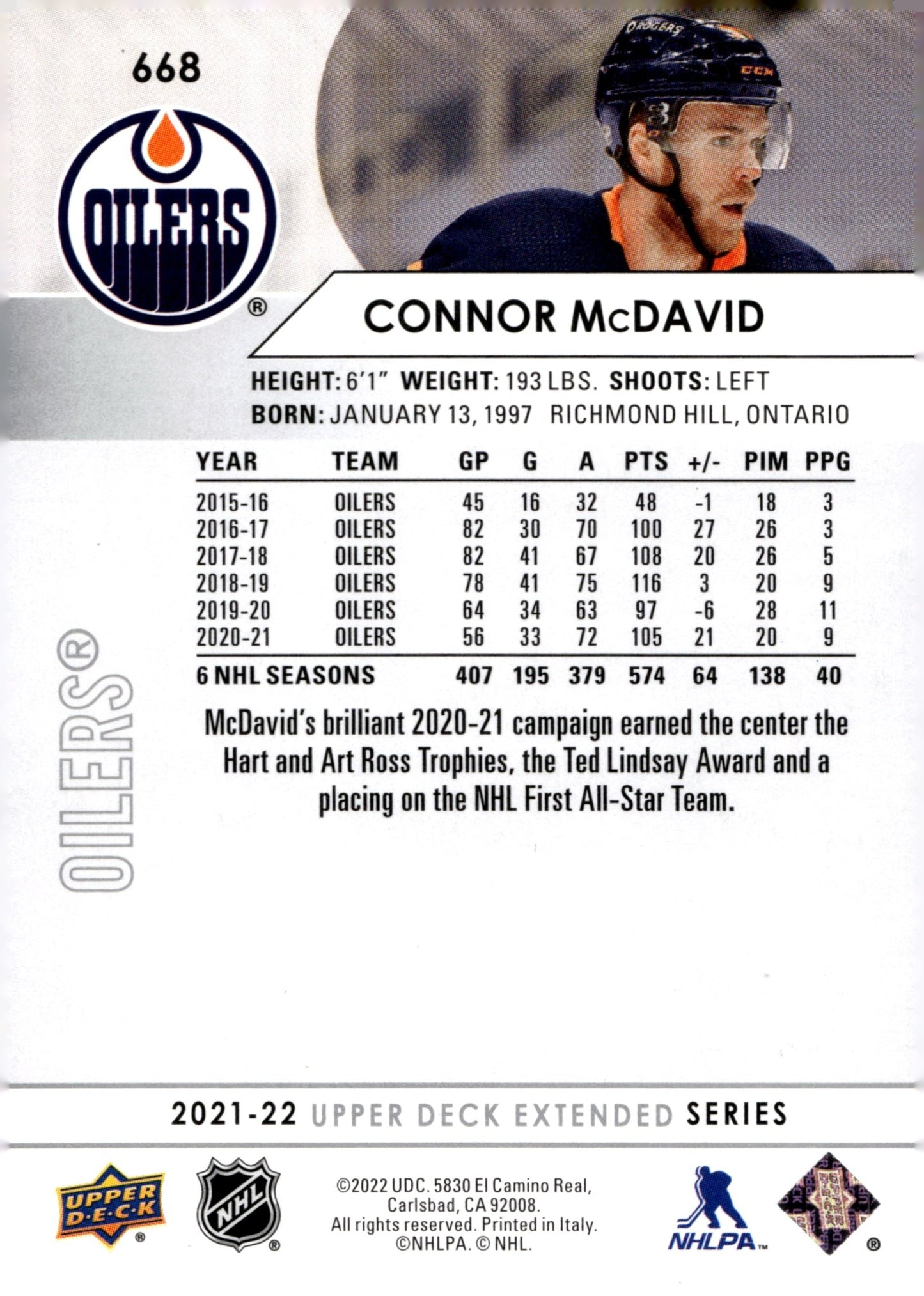 Connor McDavid 2021 - 22 Upper Deck Extended Series #668 #1 - Collector Store LLC