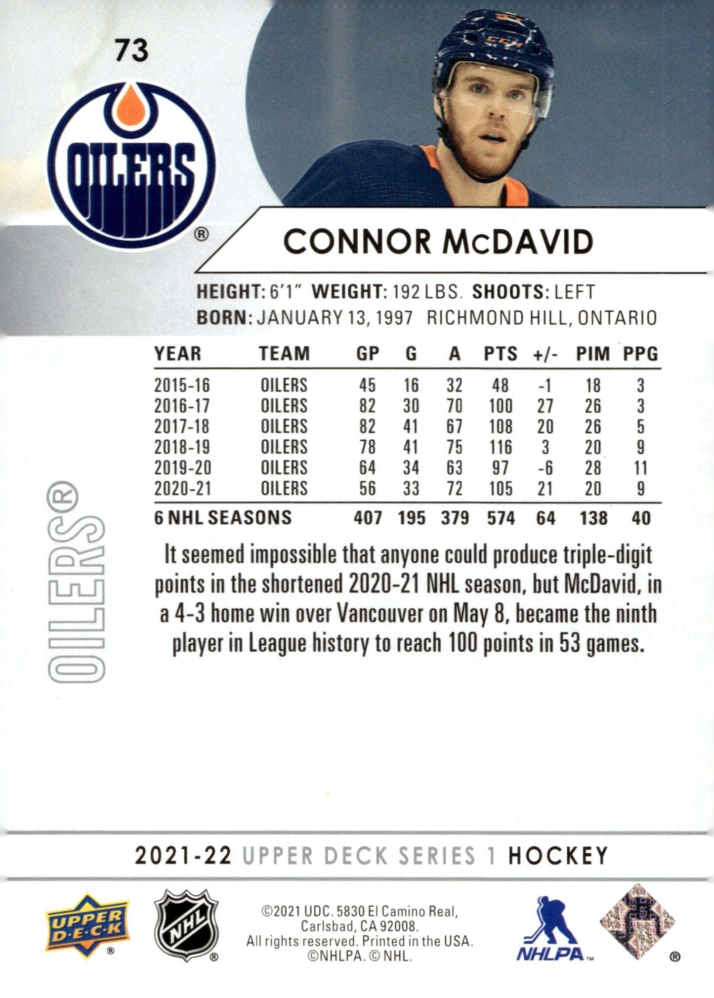 Connor McDavid 2021 - 22 Upper Deck Series 1 #73 - Collector Store LLC